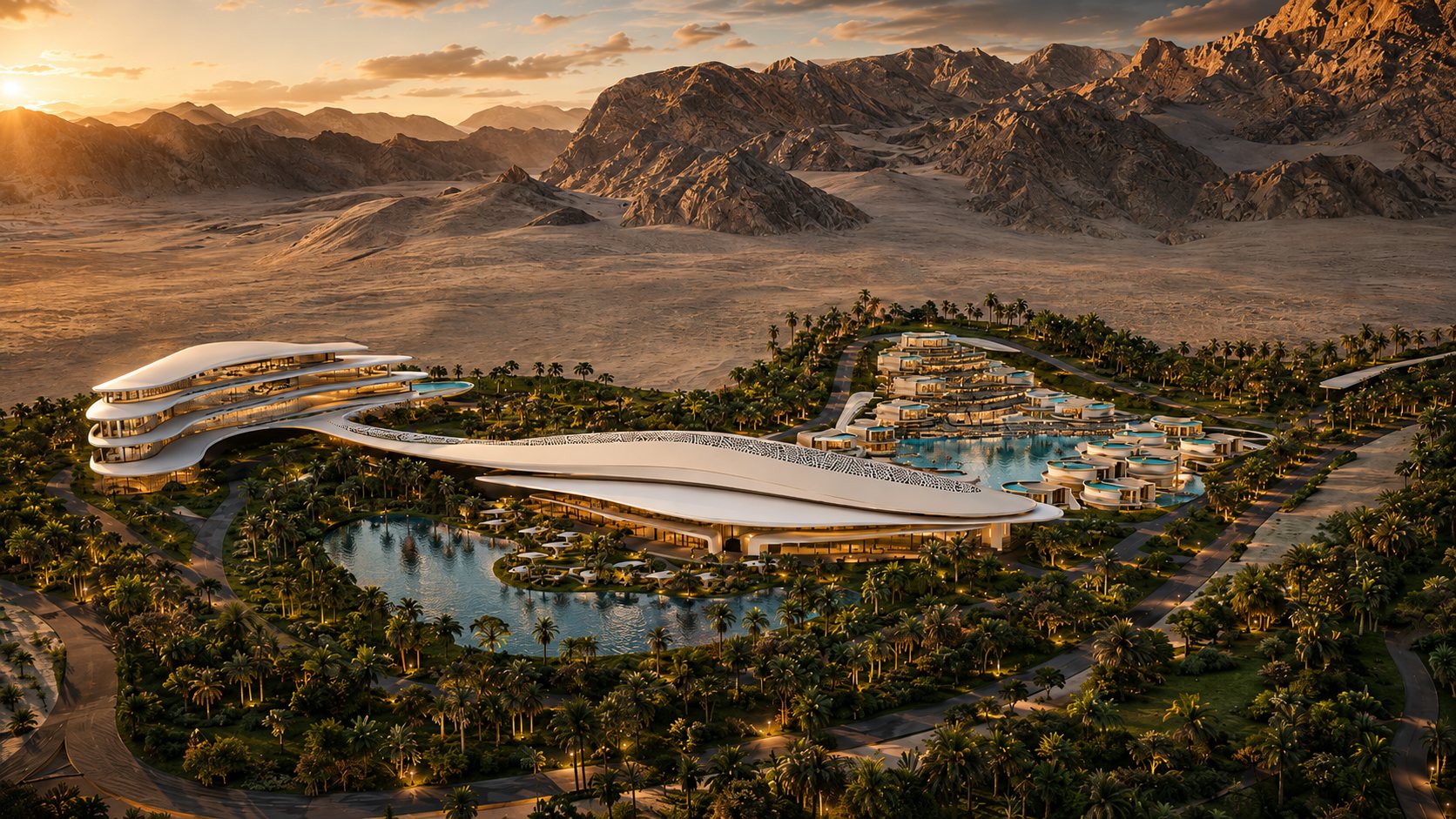 Aerial visualisation of the Al Ain oasis resort at sunset: curved white roof plates, a palm grove and a lagoon at the desert edge