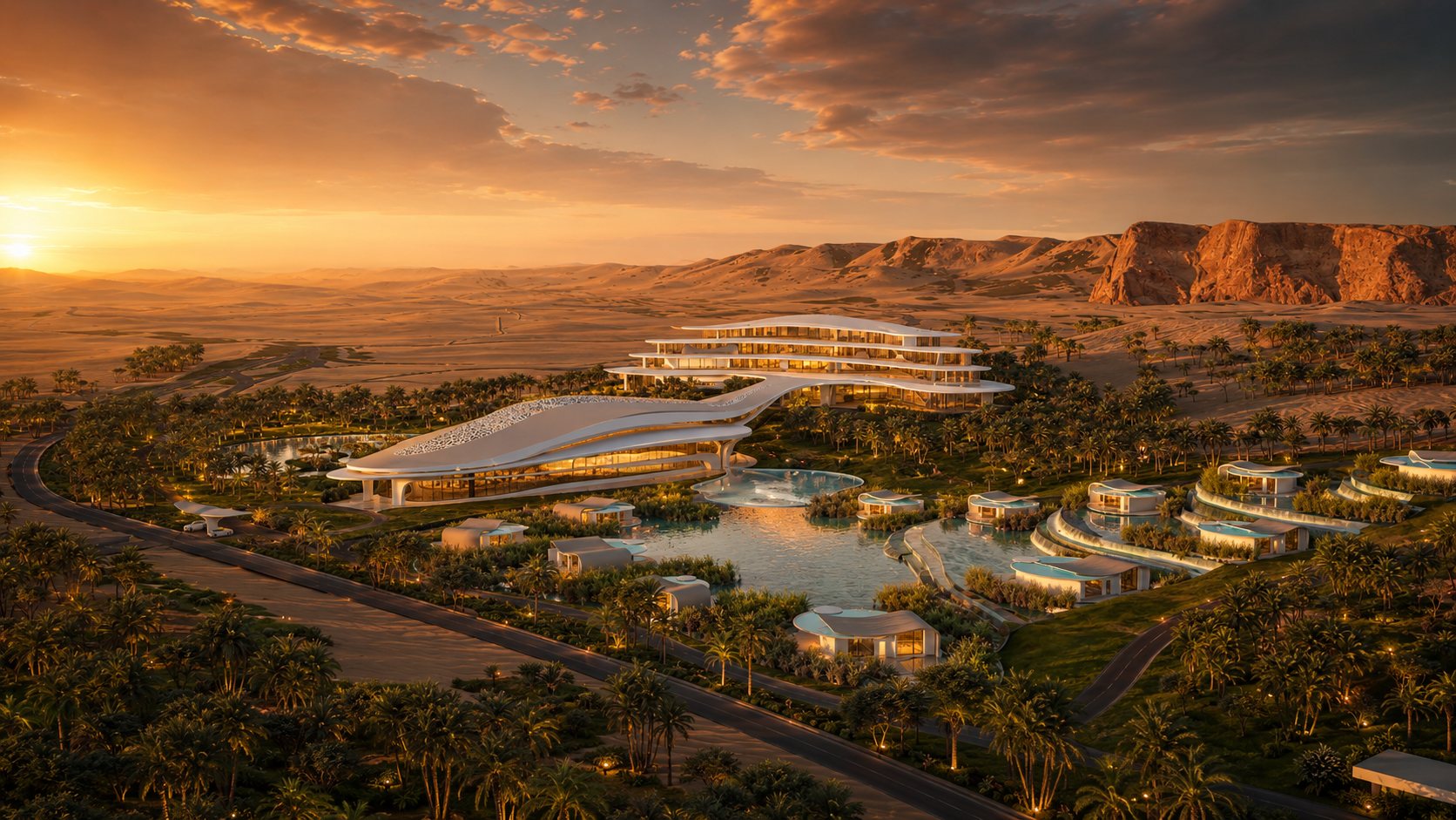 Approach from the desert: the resort's curved roof plate follows the line of the dunes, with a rocky plateau behind