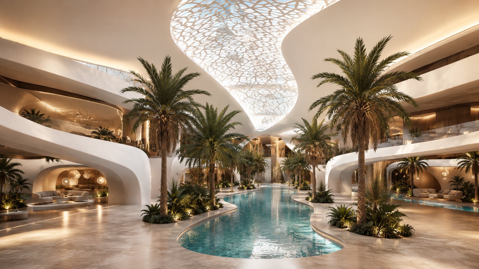 The indoor lagoon of the arrival hall with date palms, under a perforated roof opening casting a patterned shadow on the stone floor