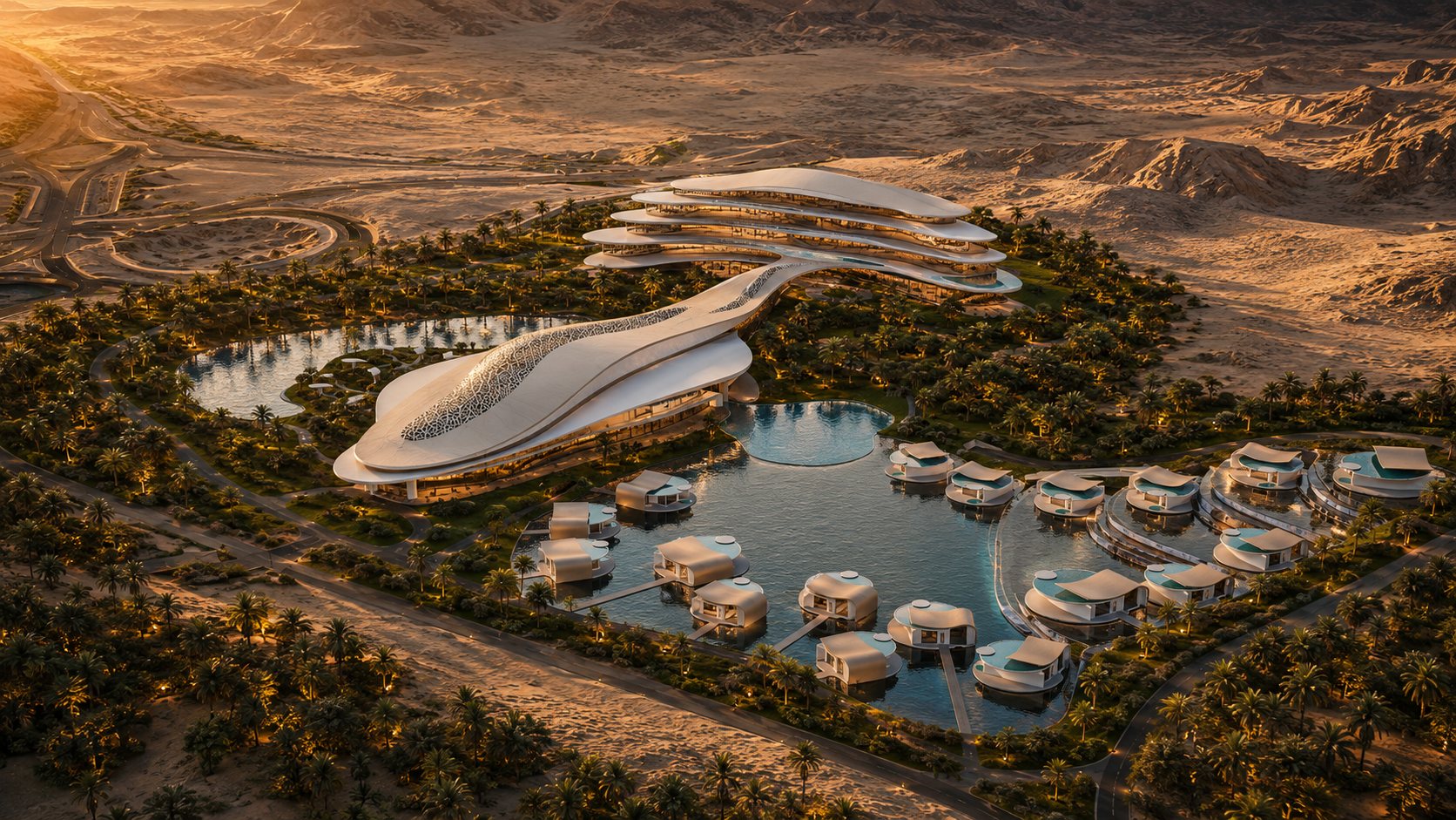 A row of overwater villas on the lagoon, each with its own plunge pool, in golden evening light
