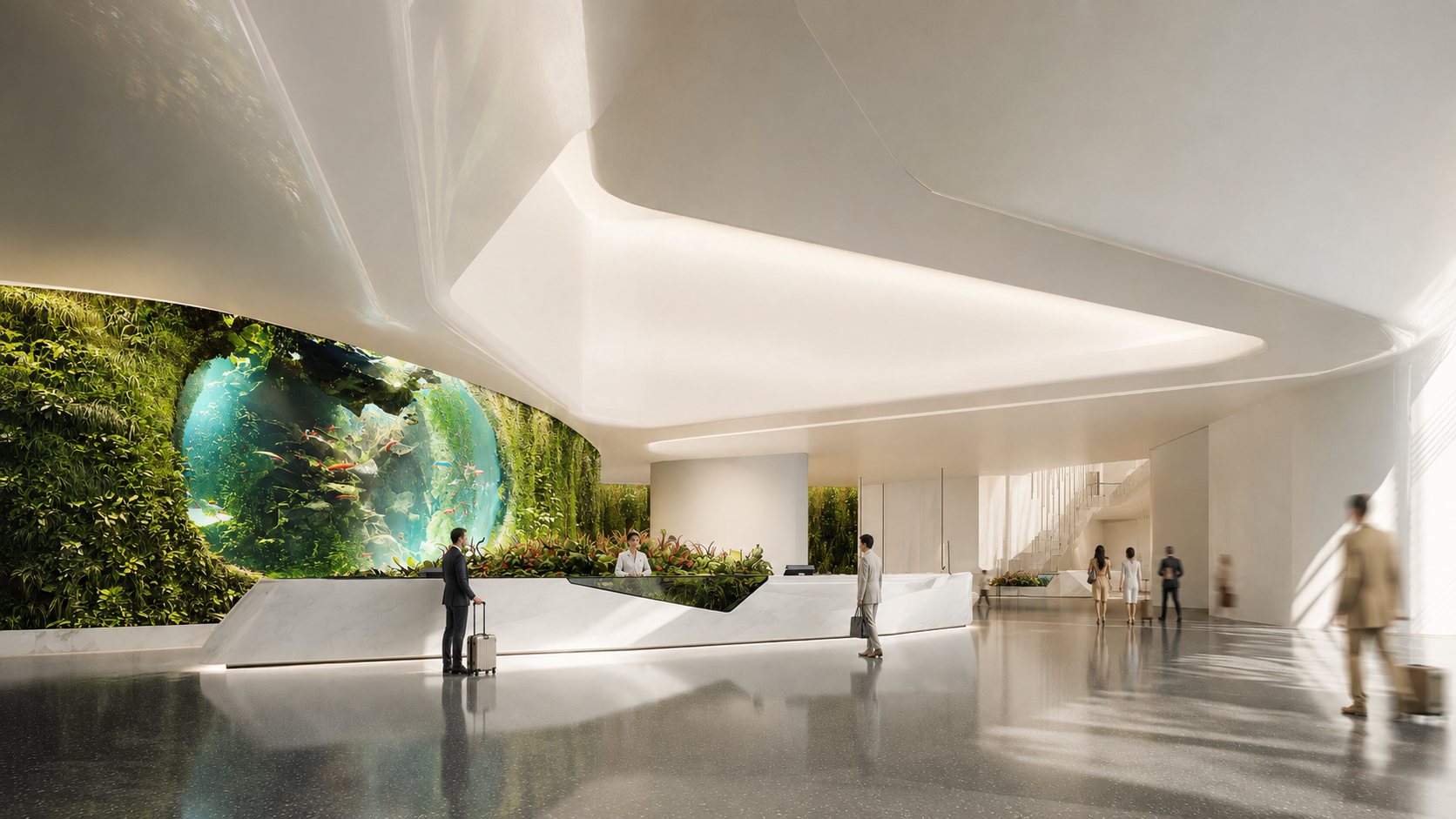 Reception with a living green wall and a large aquarium, polished stone floor
