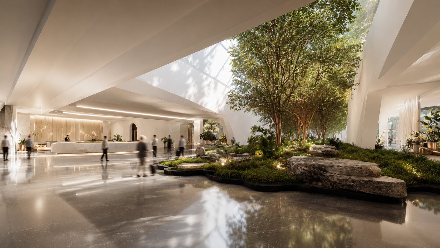 Lobby with a skylight above a rock garden of grasses and trees