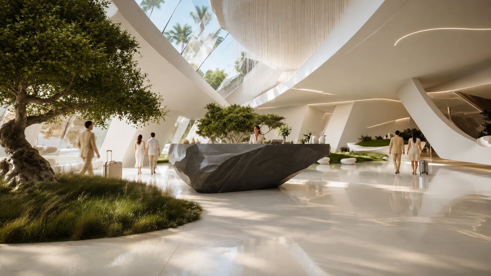 Reception desk cut from a single dark stone block, a tree growing from the floor beside it
