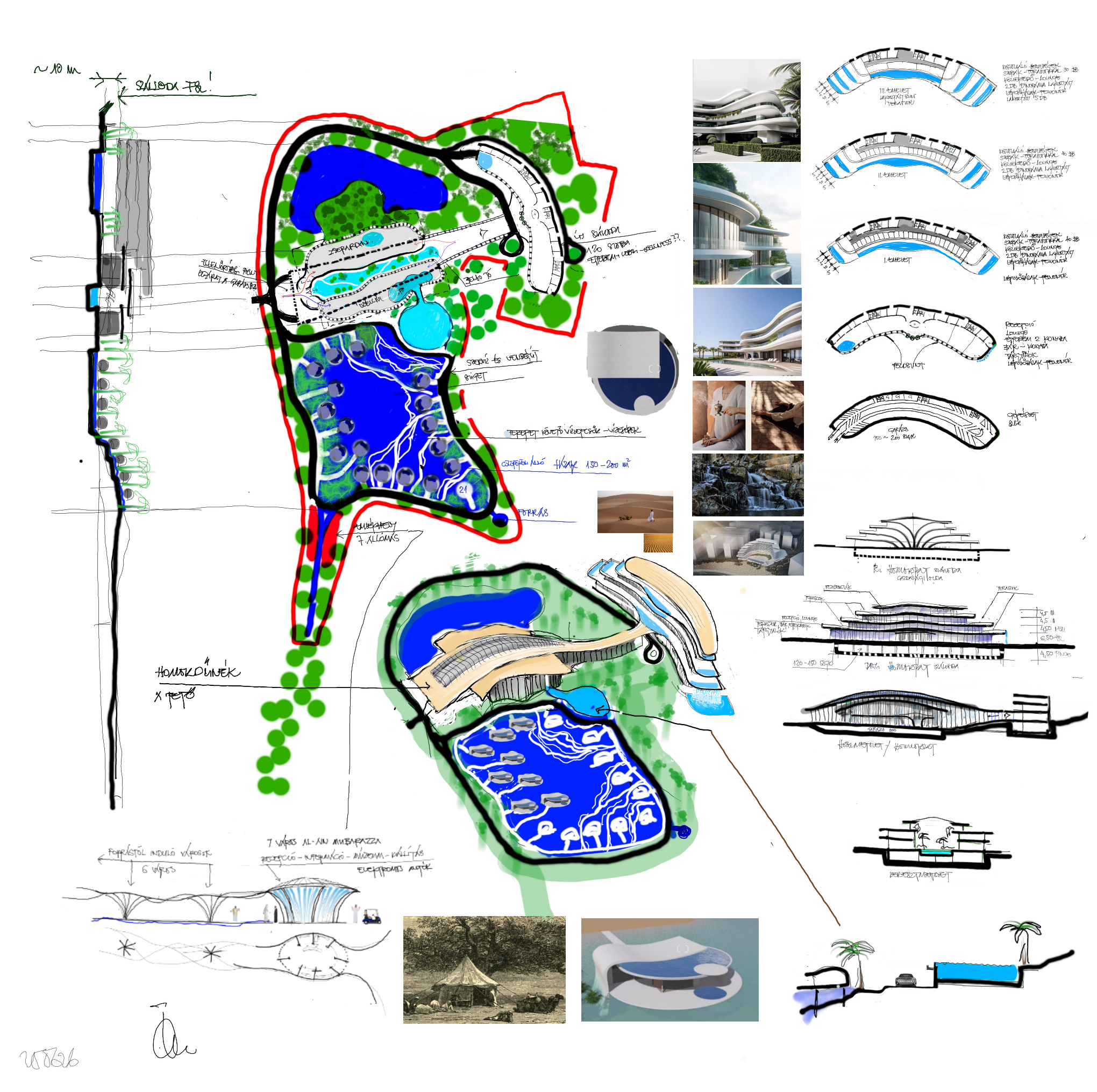 Hand-drawn concept sheet for the Al Ain oasis resort: site plan with the lagoon and palm grove, a section through the seven “cities” running from the spring with tree-shaped shading pavilions, a level-by-level plan sequence from garage to suites, long sections and handwritten notes. Architect: András Toldi, 2025.