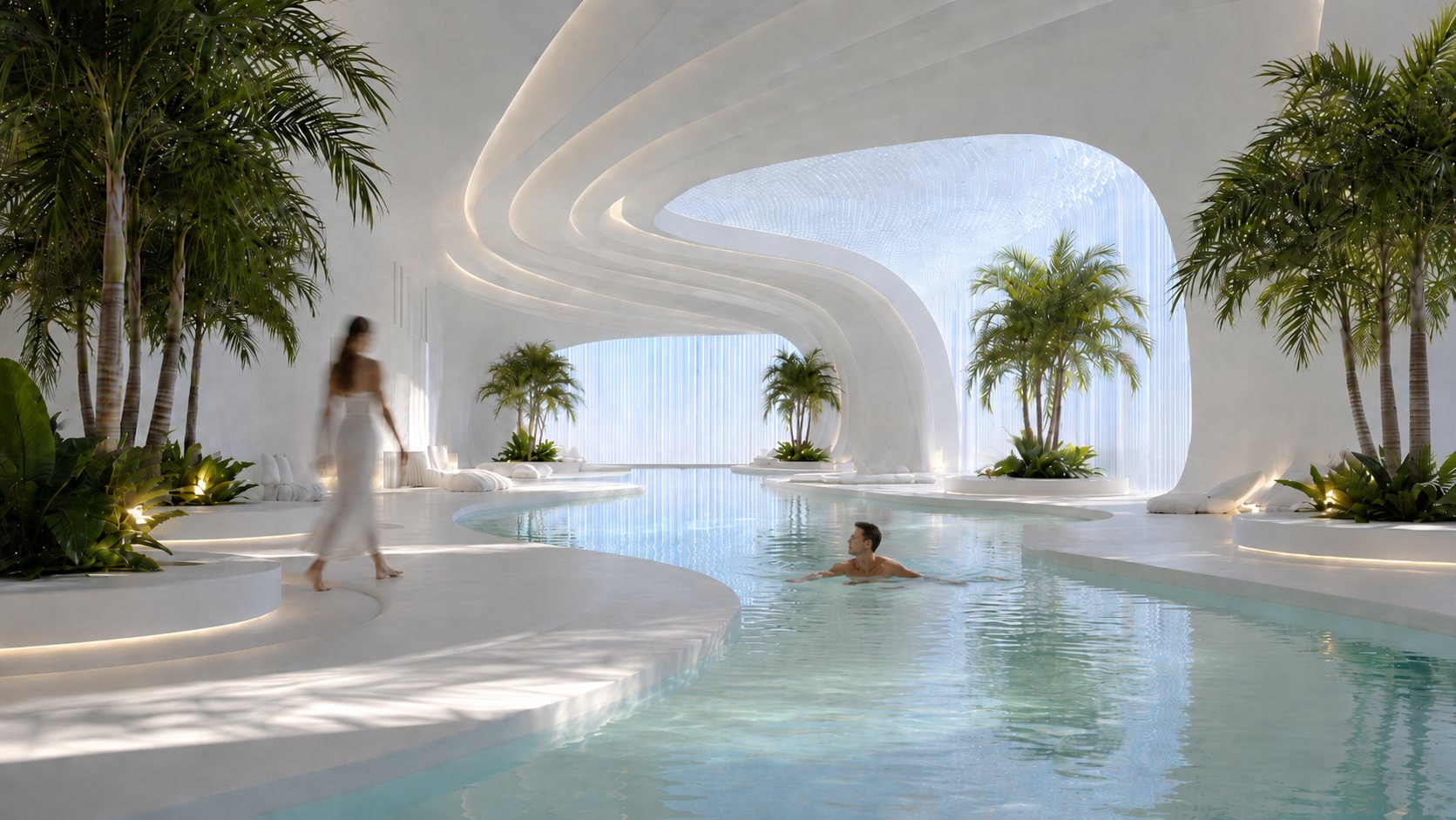 White curved indoor pool in the spa with palms and a swimmer