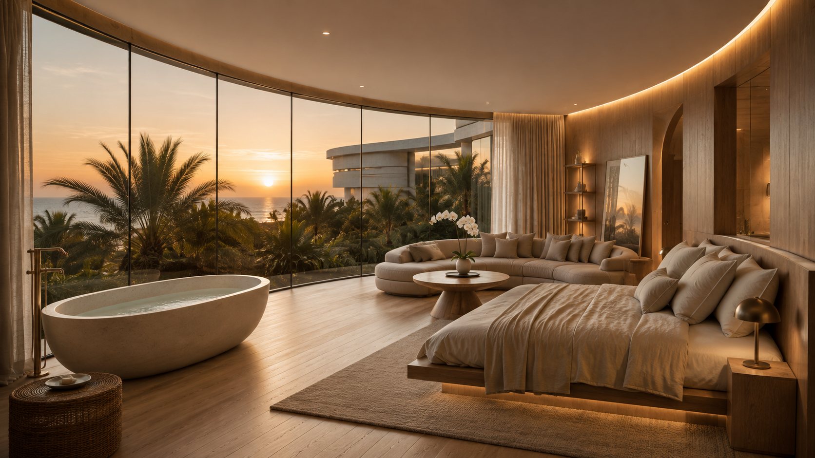 Suite bedroom with a stone tub at the window, sunset behind the panoramic glazing