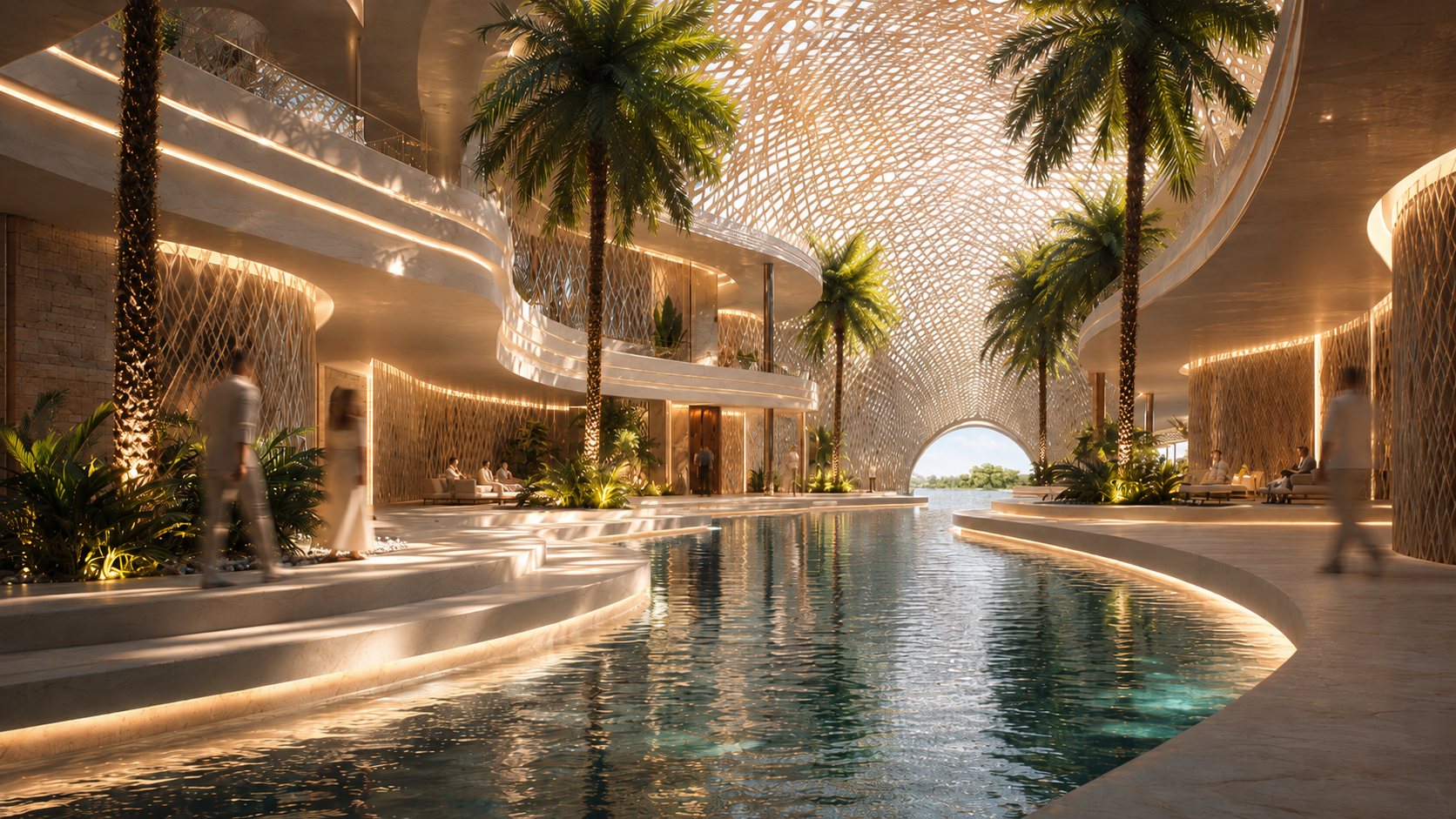 Indoor pool under a latticed dome with palms, in filtered golden light