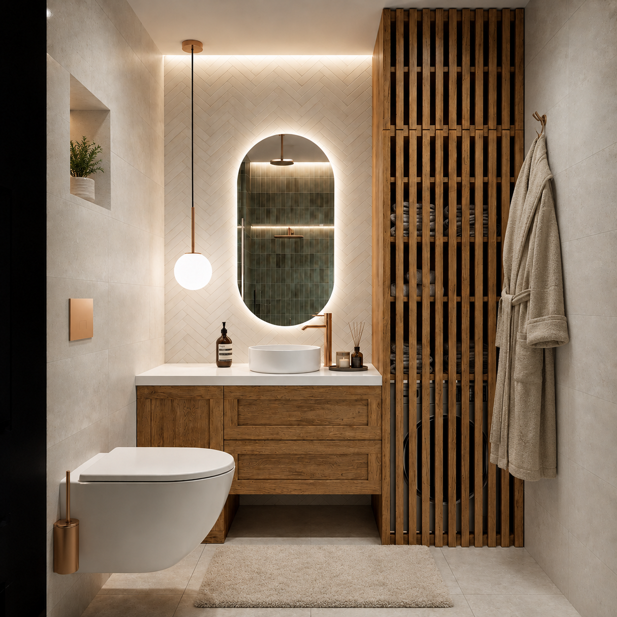 Bathroom with pale herringbone tiling and an oak vanity, next to it a slatted oak screen concealing the washing machine and shelving