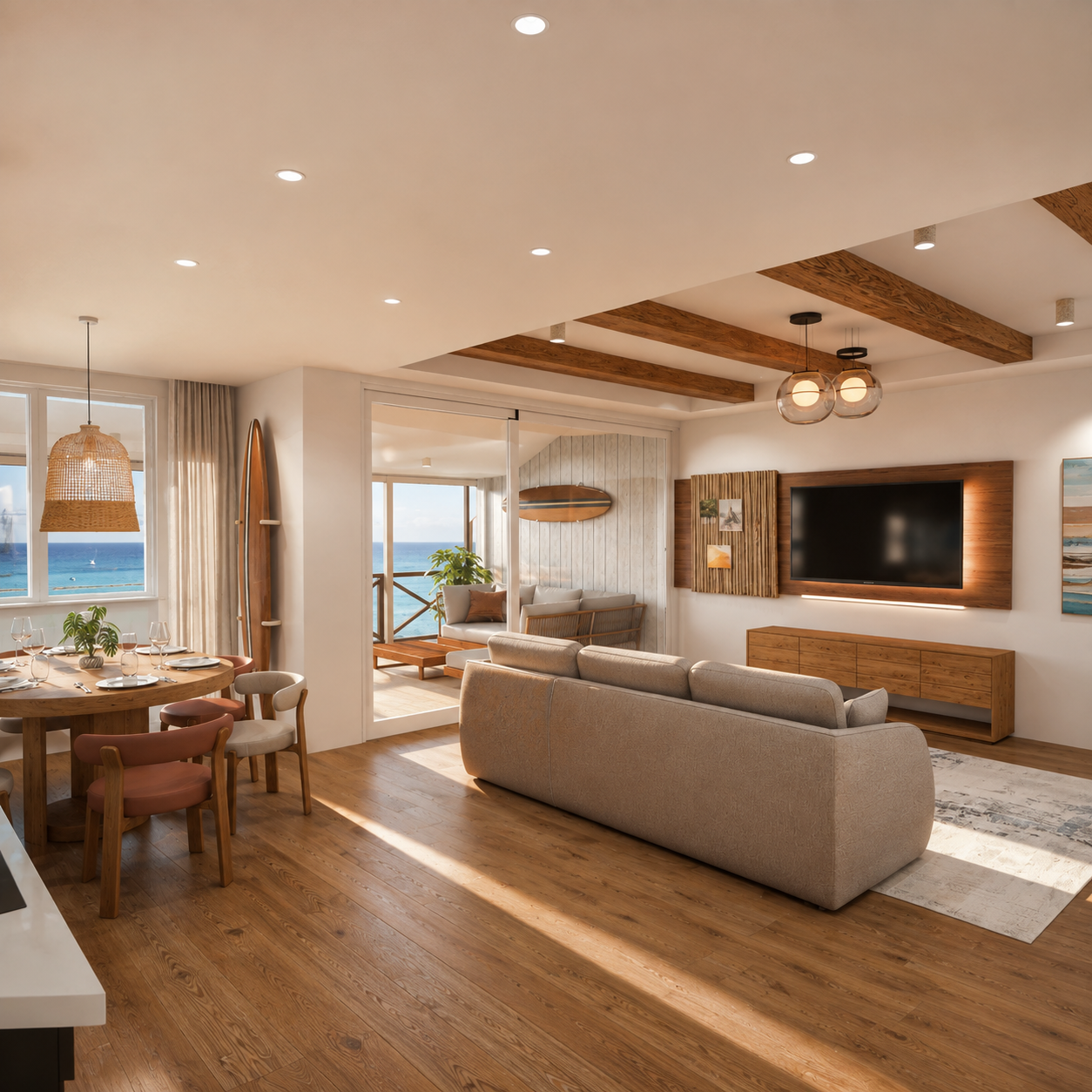 Visualisation of the Balatonalmádi apartment living room: beamed ceiling, pale oak floor, a sliding glass wall onto the enclosed terrace with Lake Balaton and the far shore beyond