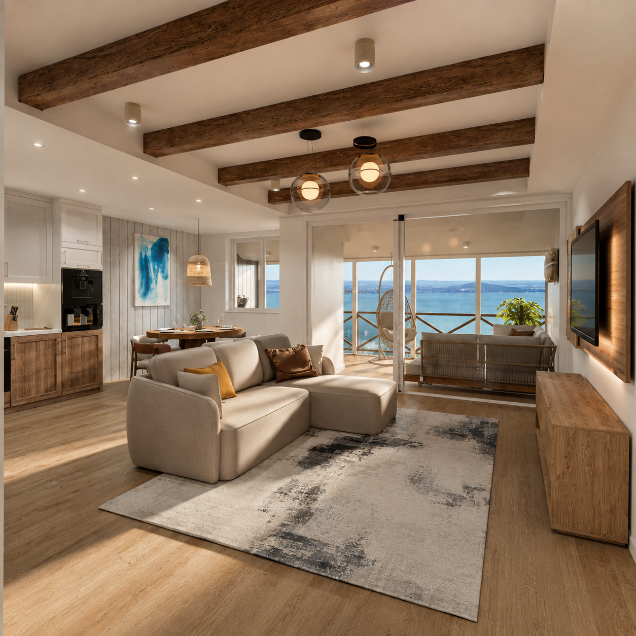 The living room seen from the dining area: beams across the ceiling, a sliding glass wall onto the enclosed terrace, a timber-backed television panel and an oak sideboard