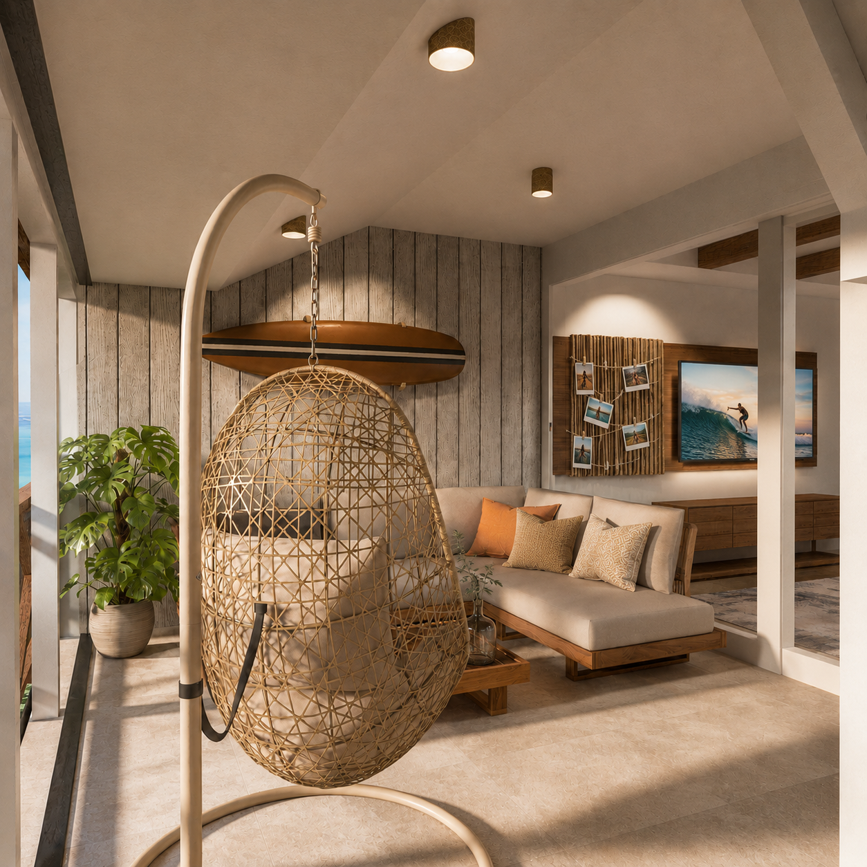 The enclosed terrace: a woven hanging chair, a low seating group, grey-stained boarded cladding and a surfboard above it