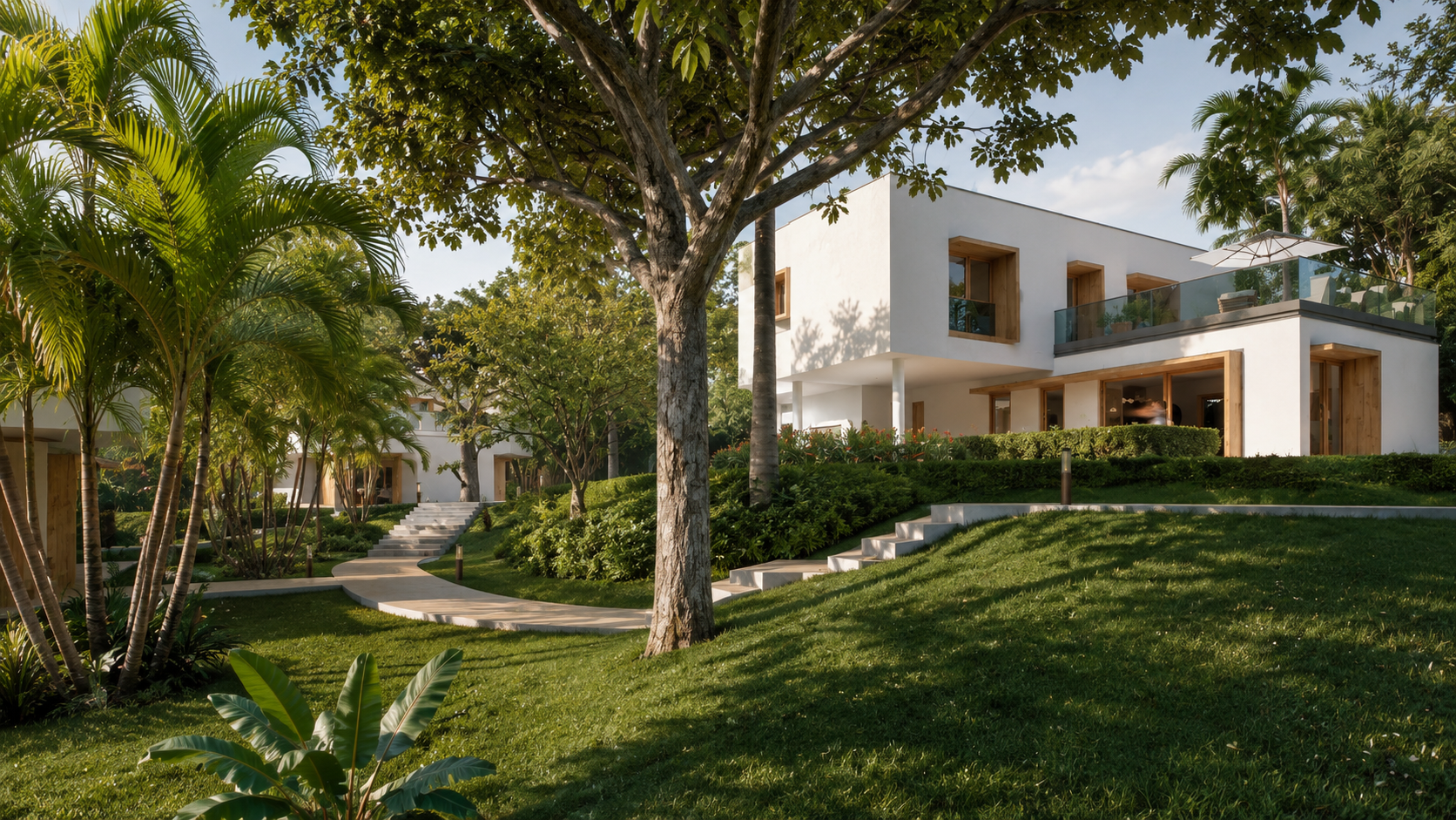 Aerial visualisation of the Brasília residential development: white rendered flat-roofed houses on a wooded, grassed site with roof gardens and a winding footpath