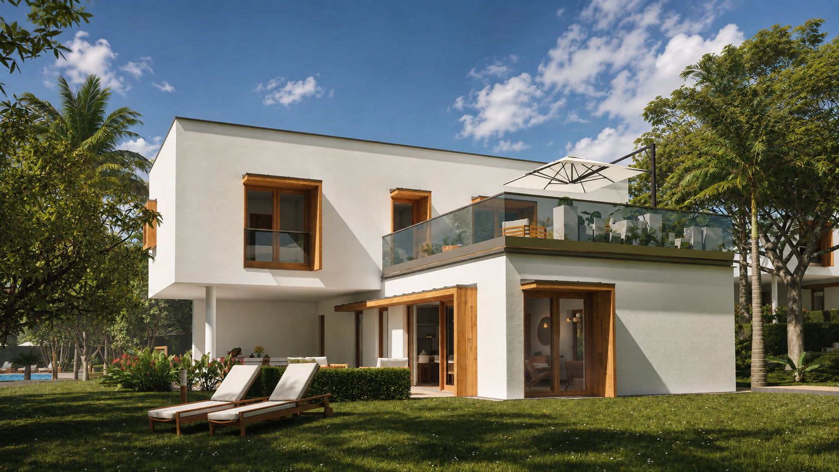 The same living and dining space in evening light: a concealed light line, a globe pendant, a slatted timber wall panel and the lit garden beyond the openings