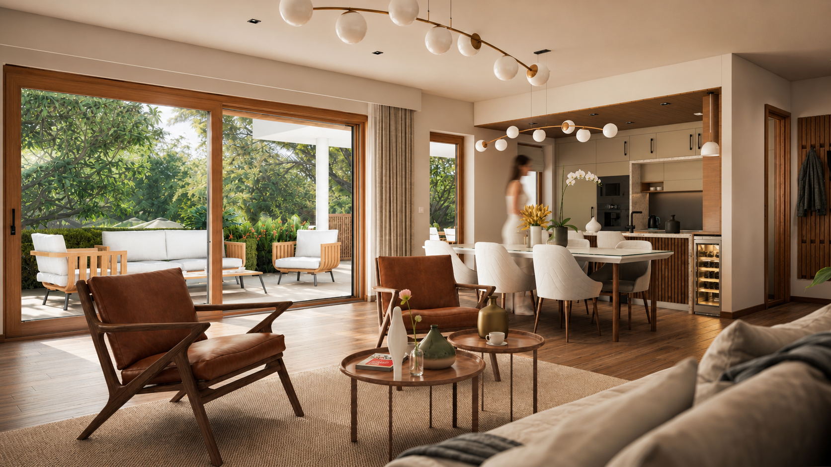 Roof terrace with a glass balustrade: teak seating, a large cantilever parasol, planters, palms and tree canopies around