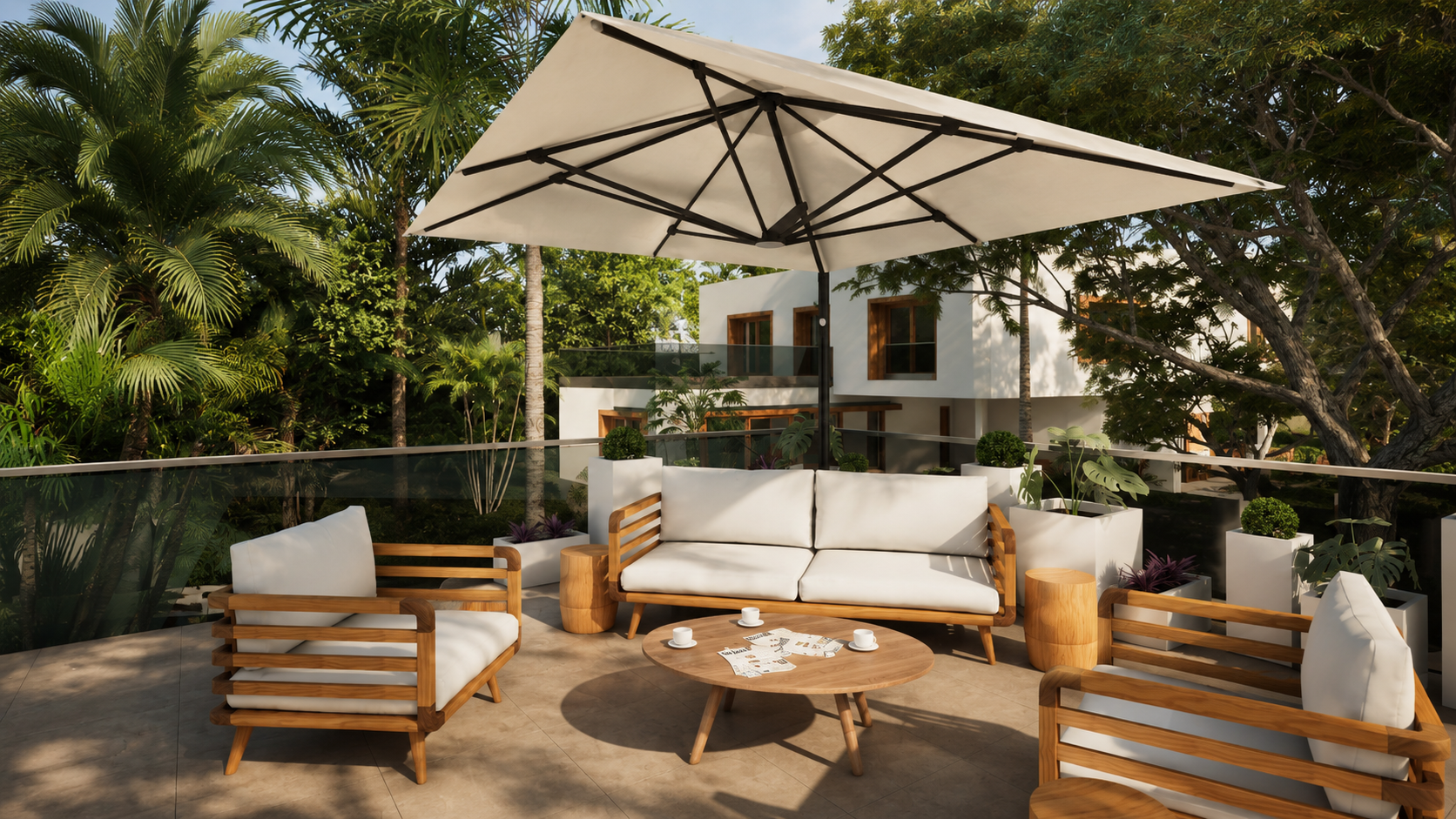 A white rendered flat-roofed house from the garden: the upper mass lands on a column with a covered terrace beneath, timber-framed openings, a glass-balustraded roof terrace with a parasol above