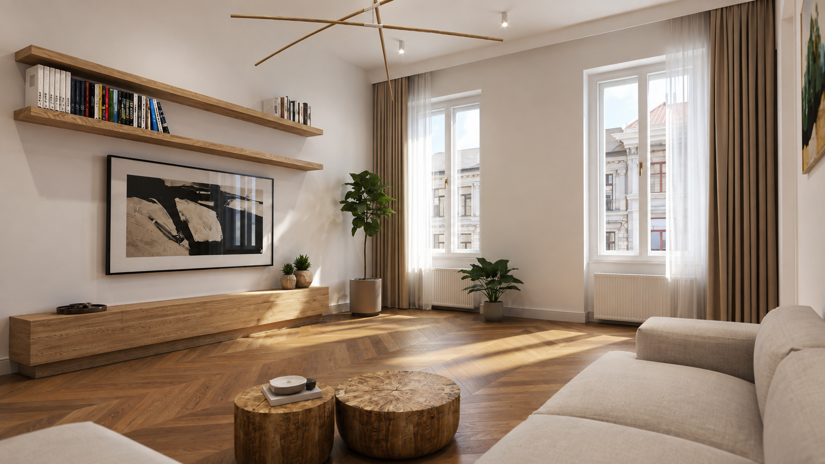 Living room of a Budapest apartment with a chevron oak floor and the custom Bokken light fitting