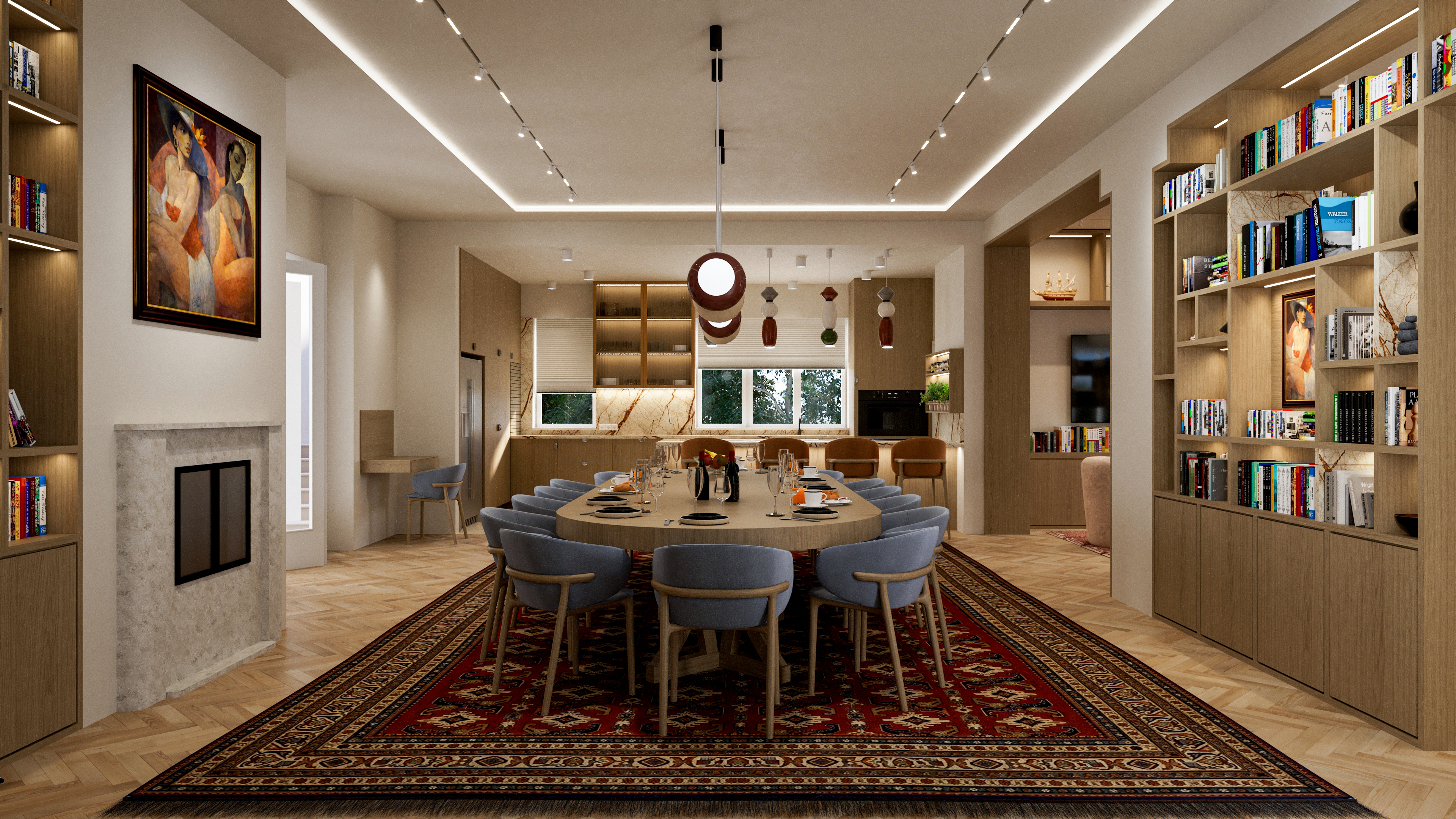 Fourteen-seat oval oak dining table with blue upholstered chairs on a patterned Persian rug, stone fireplace and painting on the left, kitchen beyond
