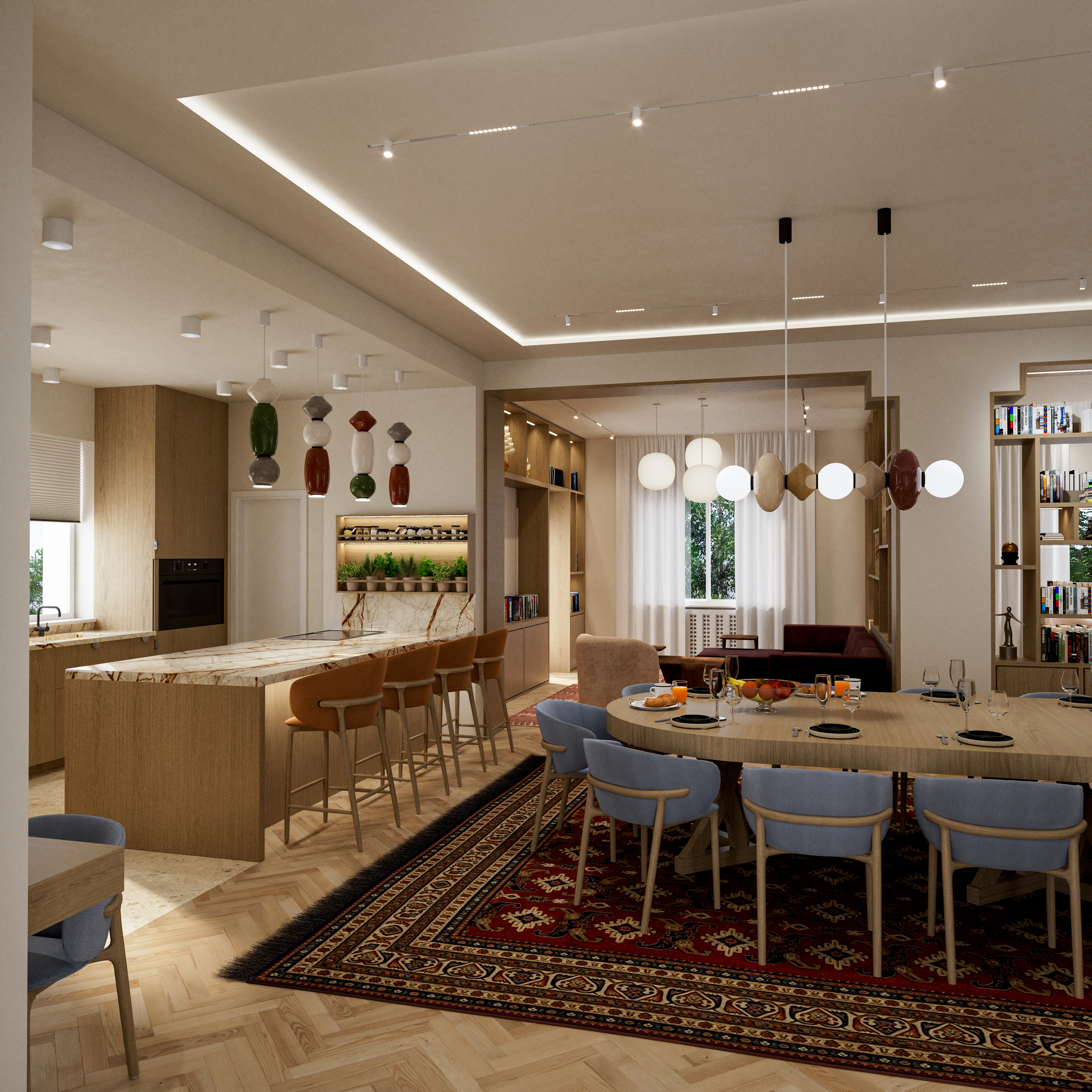 Kitchen island with marble worktop and tan upholstered bar stools, ceramic pendant lights above it, the fourteen-seat dining table alongside