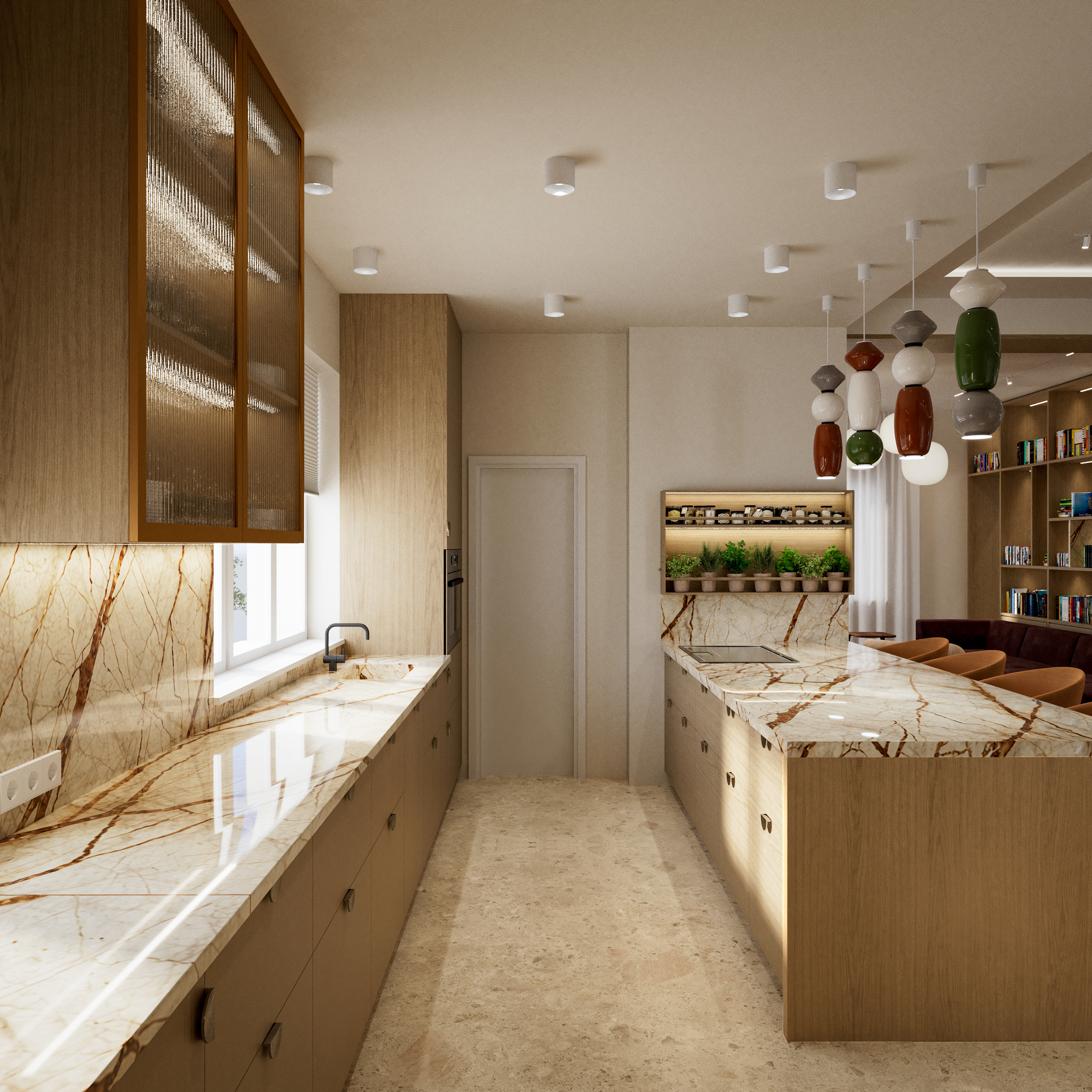 Kitchen with veined marble worktop and splashback, oak fronts, reeded glass wall cabinet, lit spice shelf and potted herbs