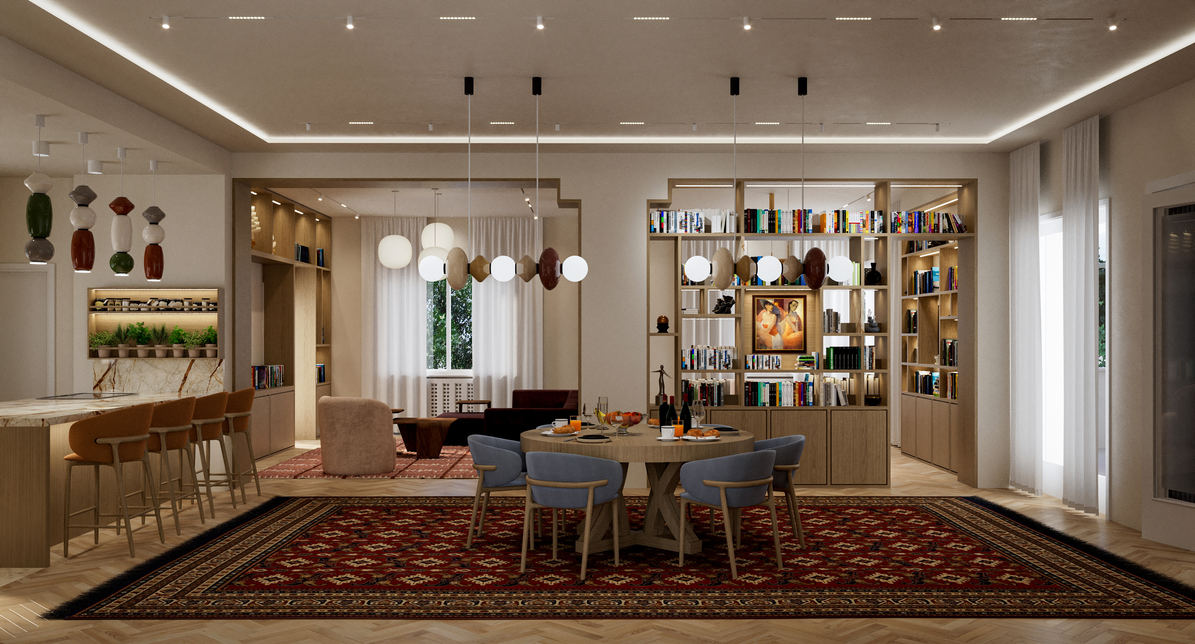 Panoramic view of the Budapest villa floor: kitchen island with ceramic pendants on the left, round dining table in the centre, living room behind, open oak shelving wall on the right