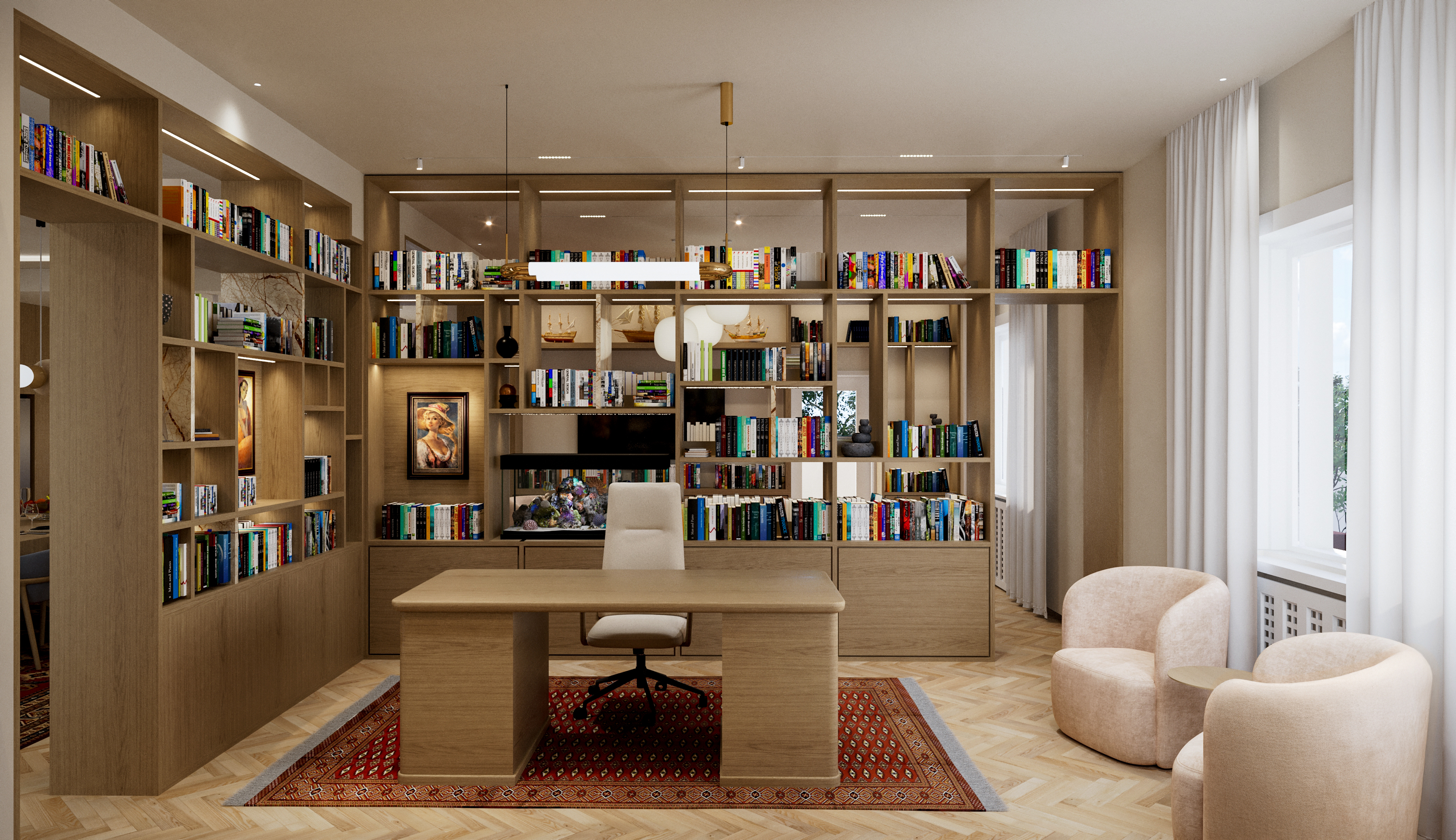 Visualisation of the study in a Budapest Bauhaus villa, separated from the living room by an open oak bookshelf with LED strips inside the bays