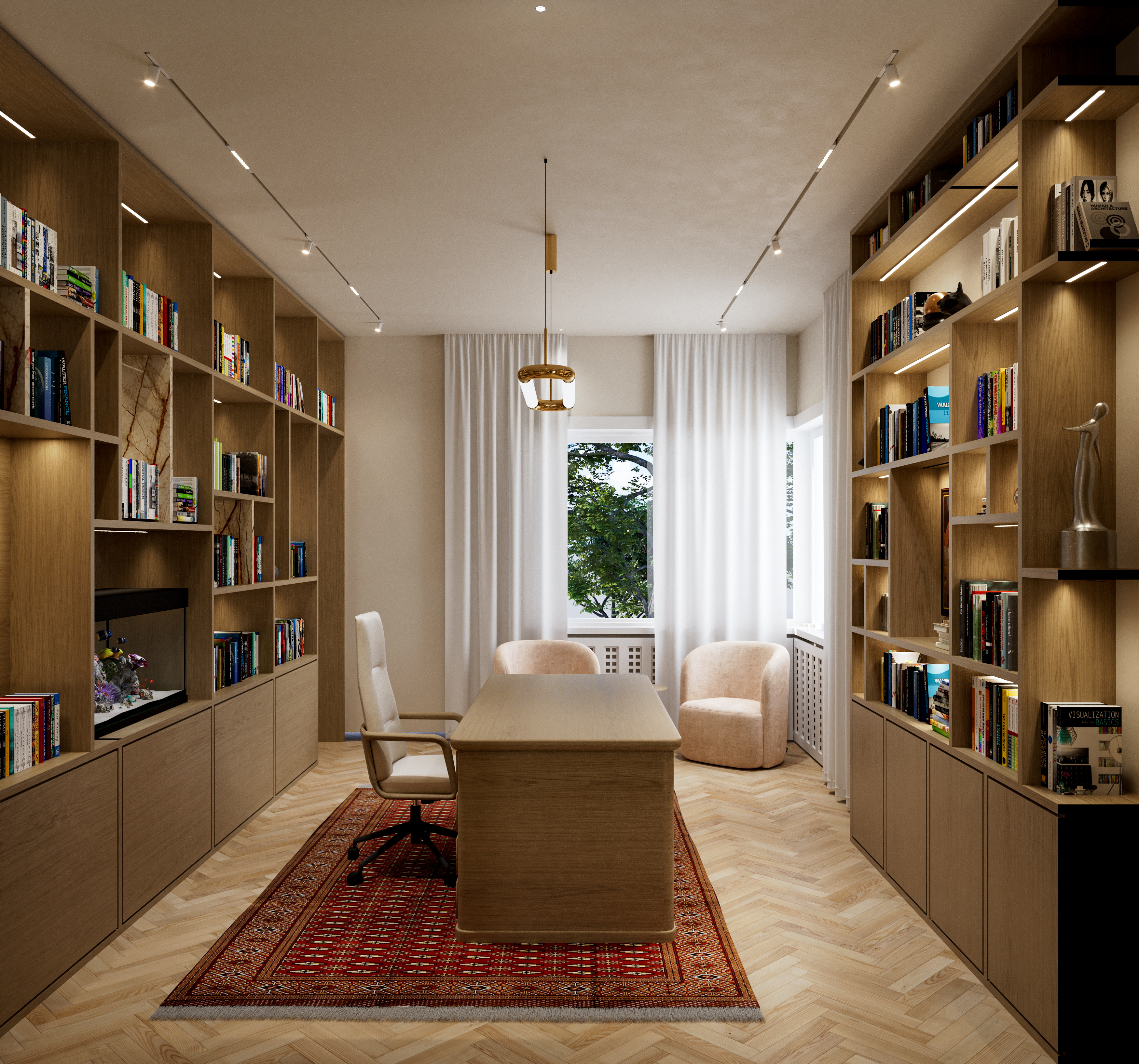 The separated study: oak desk in front of the window, floor-to-ceiling bookshelves on both sides with LED strips inside the bays, built-in aquarium on the left