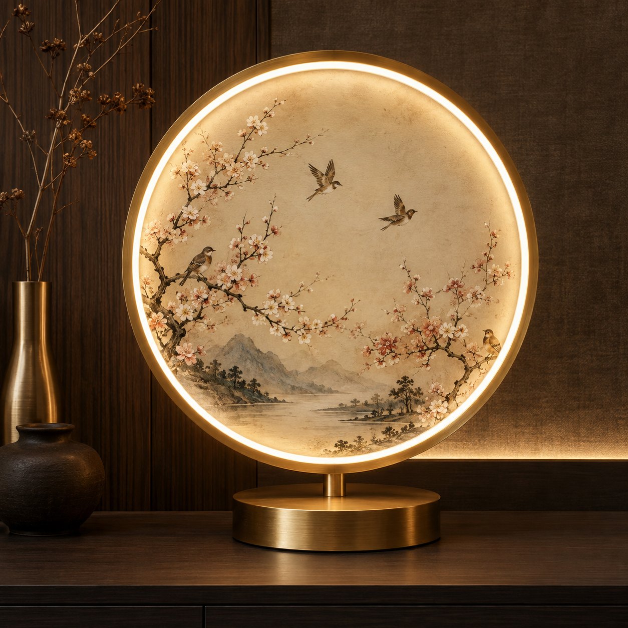 The Chinois Ring table lamp switched on: a lit art panel in a brass ring with blossoming plum branches, birds and a misty mountain landscape, on a dark wood sideboard