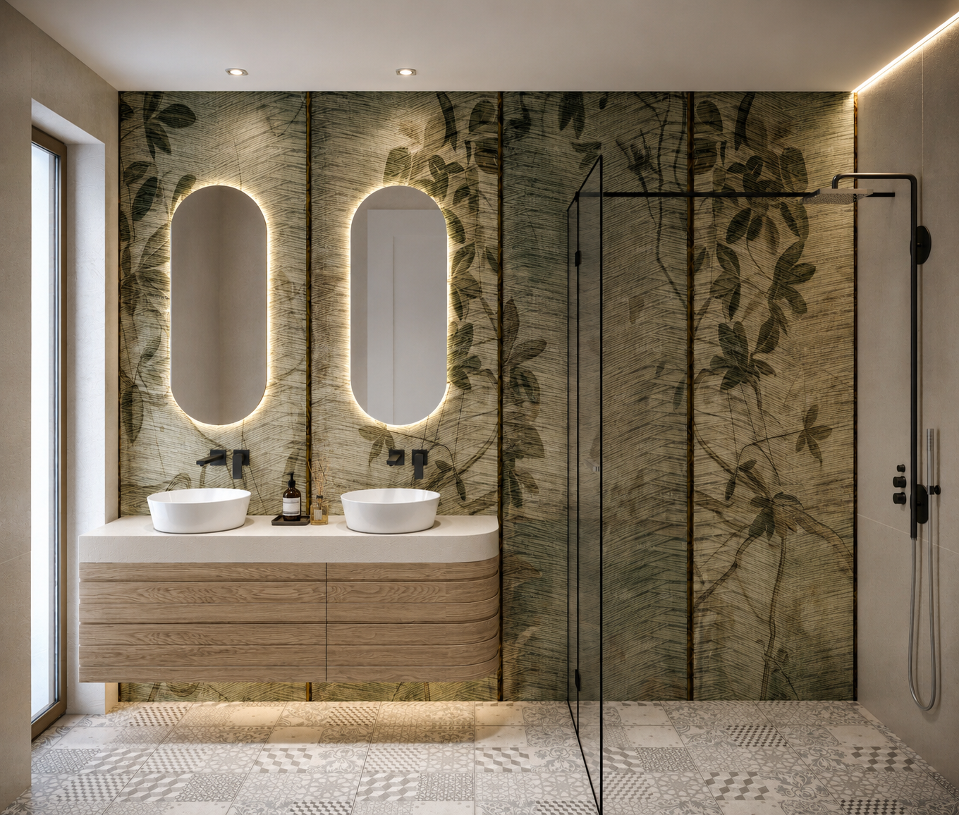 Bathroom with botanical wall panels joined in brass, two backlit oval mirrors, a curved timber vanity and patterned floor tiles