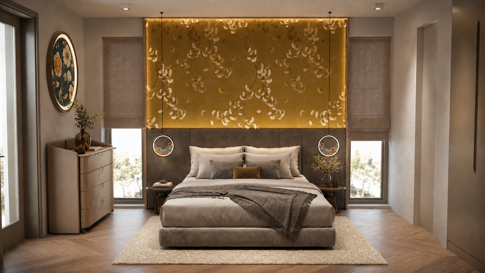 Bedroom with a gold-ground ginkgo wall panel above the bed, lit from behind, with a suspended ring light on either side