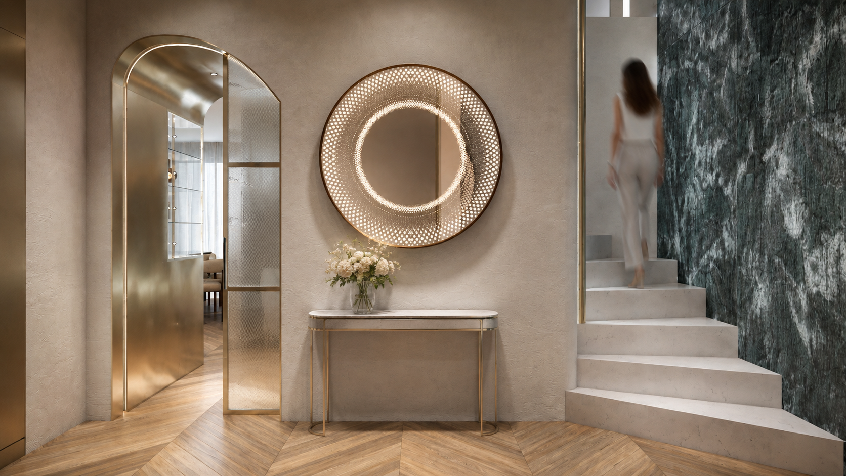 Visualisation of the Csopak holiday house entrance: an arched brass door frame, a perforated brass mesh screen, a large round lit mirror, chevron oak flooring and a green marble stair wall to the right