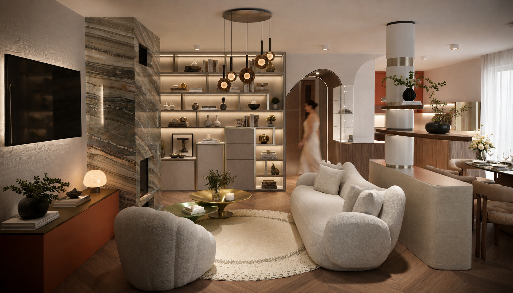 Living room visualisation: a marble-clad fireplace wall, a lit shelving system, an arched brass portal, a cluster of globe pendants, a round rug with white curved armchairs and the dining area to the right