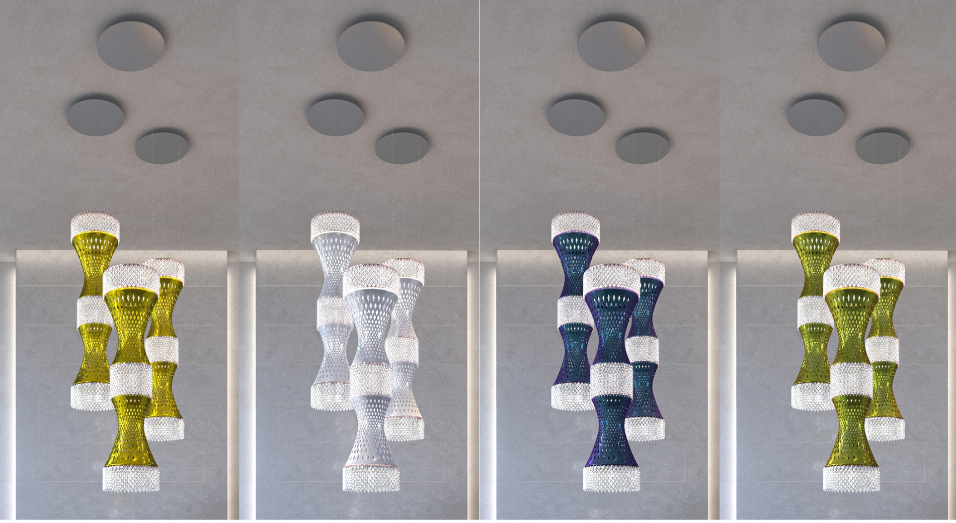 Three EOS lights in a cluster, shown in four colourways side by side