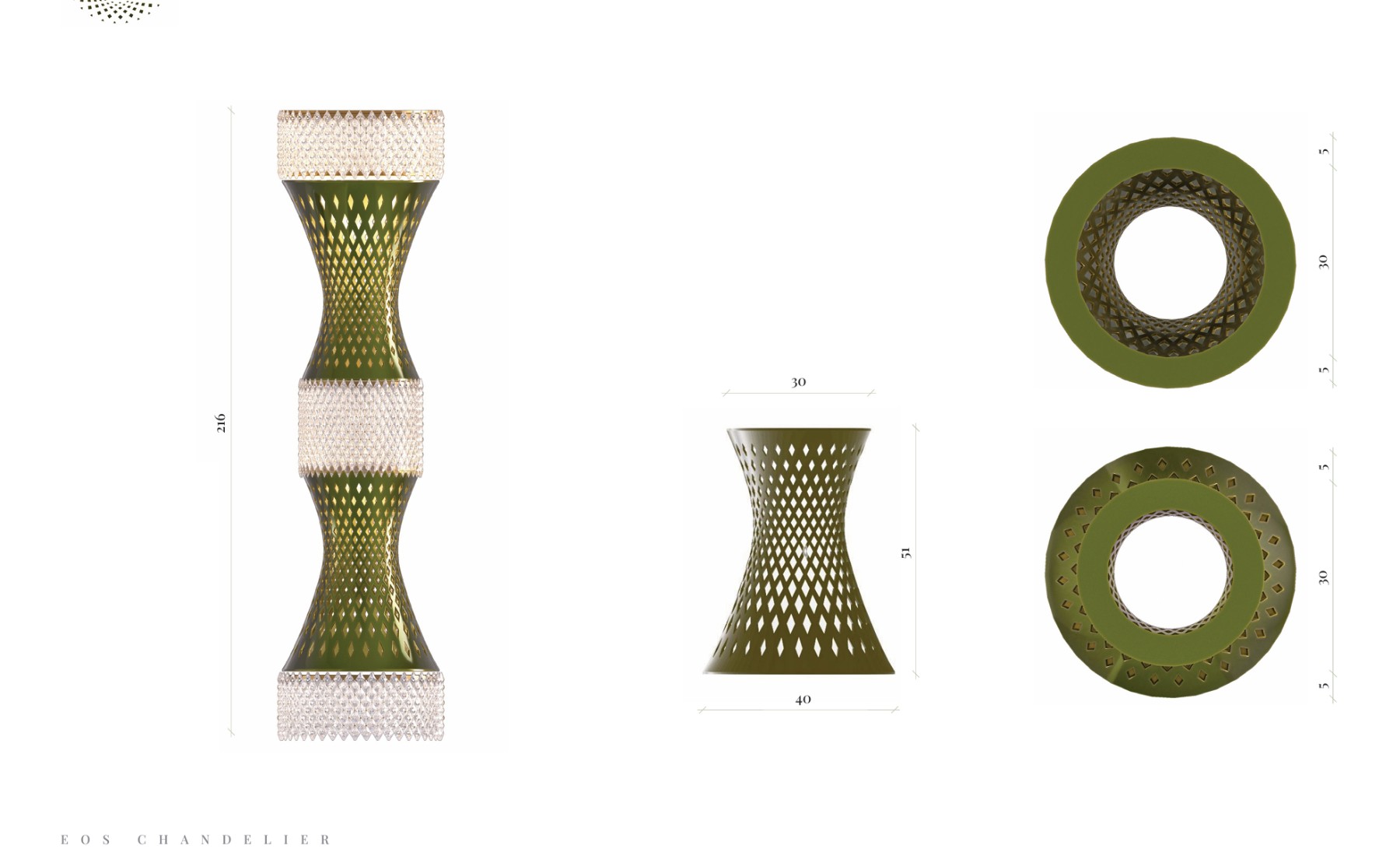 Workshop drawing of the EOS Chandelier with dimensions: overall 216, body 40 × 51, ring 30 diameter