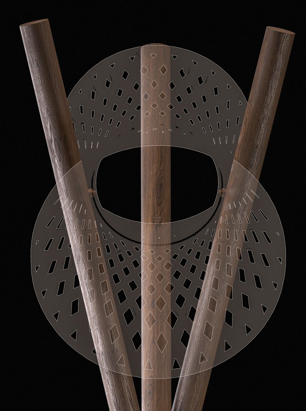The geometry of the EOS Floor: the three bars and the translucent outline of the porcelain body set onto them