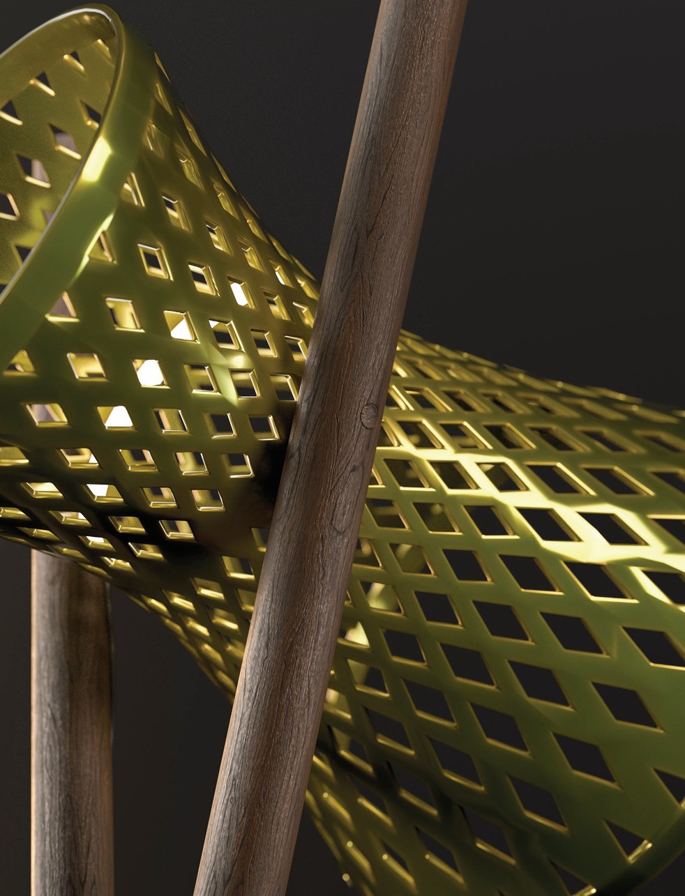The perforation of the EOS Floor porcelain body next to an oak bar, up close