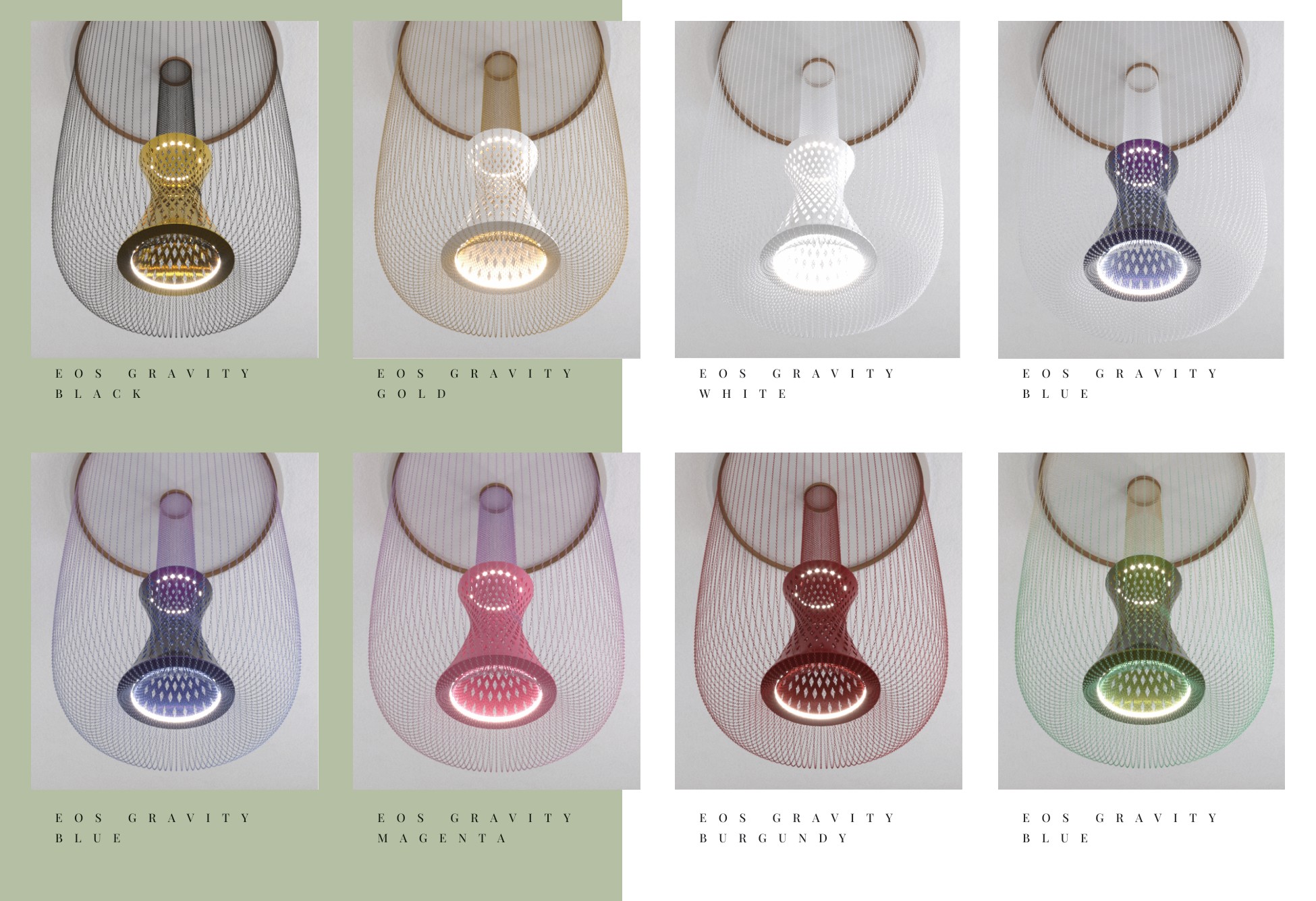 Eight EOS Gravity colourways photographed from below: black, gold, white, blue, magenta, burgundy and green