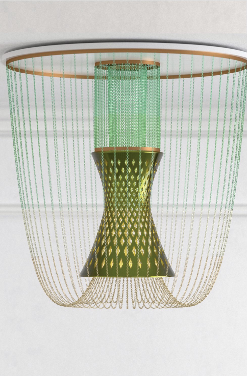 The whole EOS Gravity from below: the porcelain body inside the chain curtain falling from the ceiling ring