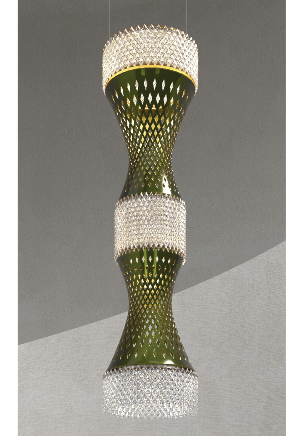 The whole EOS Chandelier: two green-gold eosin porcelain bodies alternating with three crystal rings, suspended