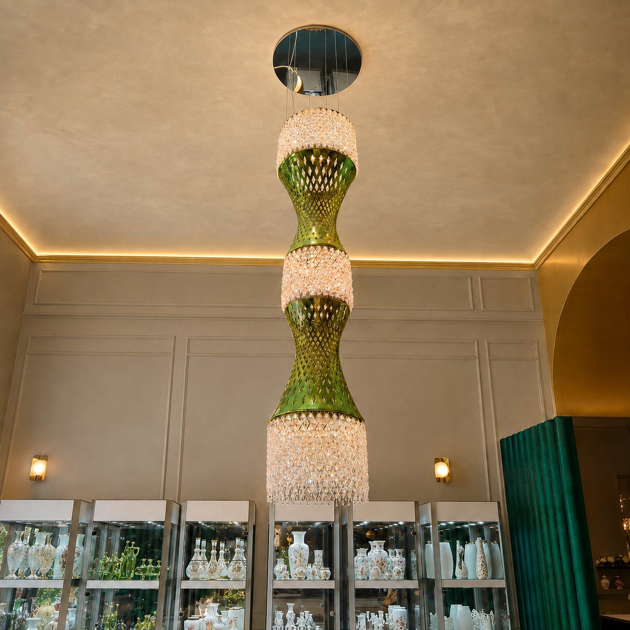 The EOS Chandelier in the Zsolnay flagship showroom: green-gold eosin-glazed porcelain bodies and crystal rings above the porcelain display cases