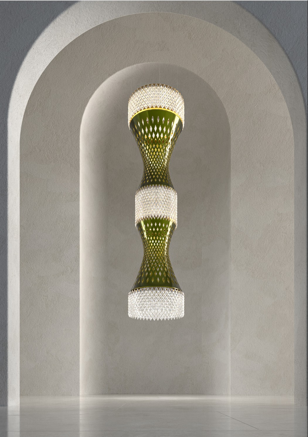 EOS Chandelier in an arched niche: three green-gold eosin-glazed perforated porcelain bodies alternating with three crystal rings