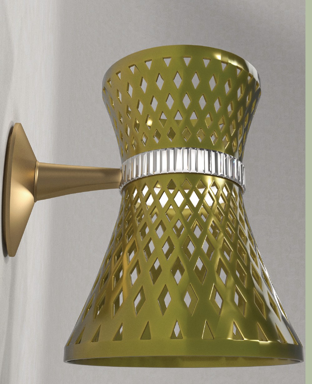 EOS Scone wall light: a double cone in eosin-glazed porcelain with a cut crystal ring