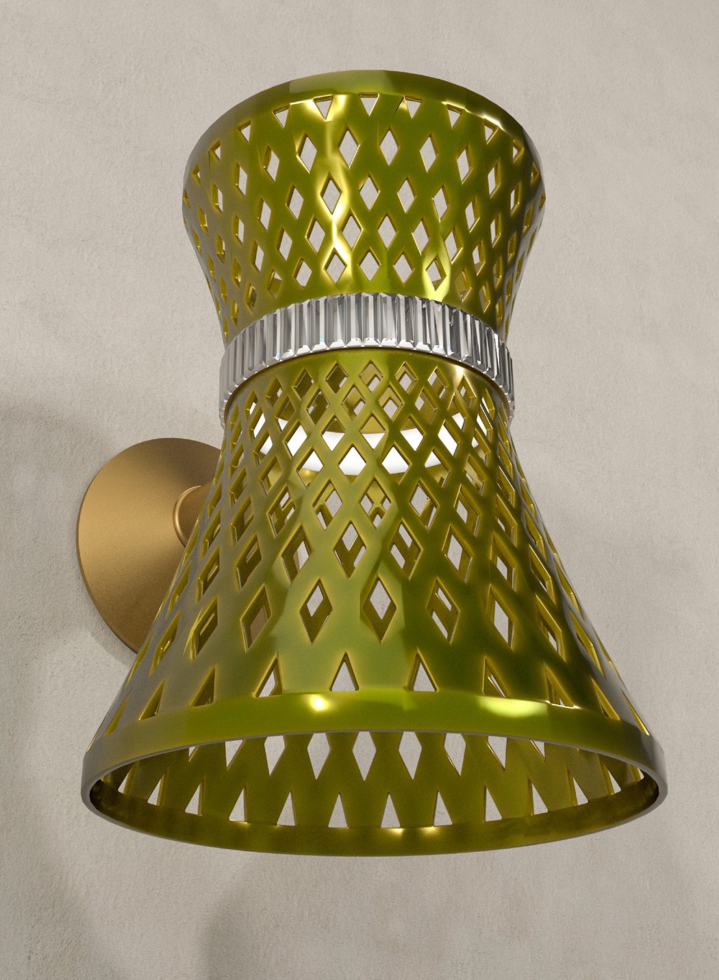 EOS Scone wall light on a plastered wall with a brass back plate, seen from below