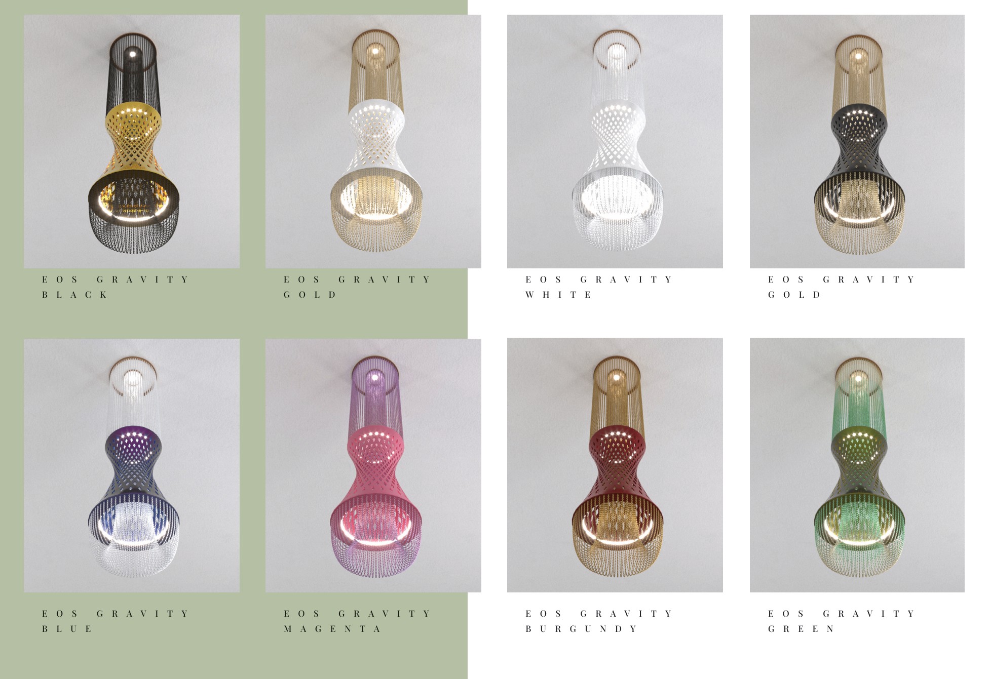 Eight EOS Slim colourways photographed from below: black, gold, white, blue, magenta, burgundy and green