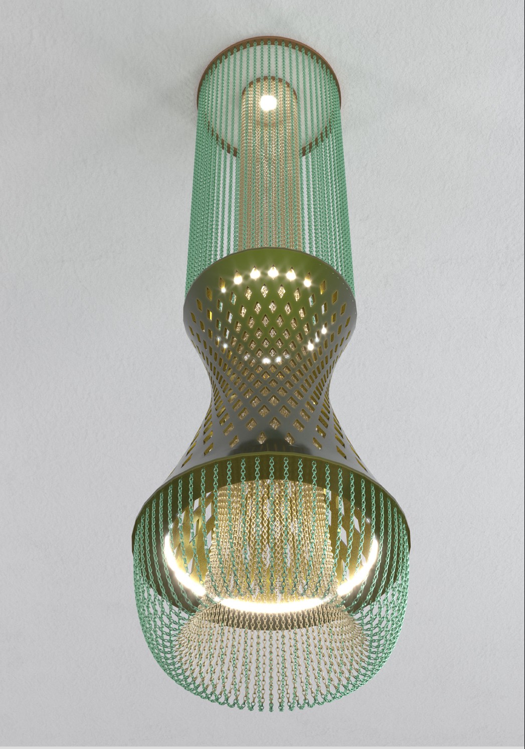 The whole EOS Slim on the ceiling: upper chain cylinder, porcelain body, short chain curtain below