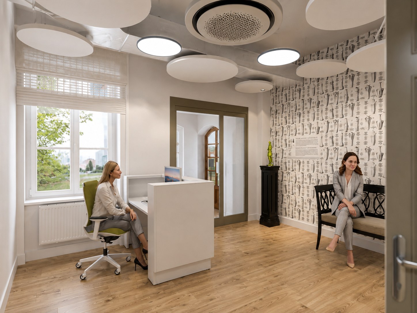 Reception and waiting area: a white desk, drawn patterned wallpaper on the waiting wall, a black bench, circular acoustic panels and light fittings overhead