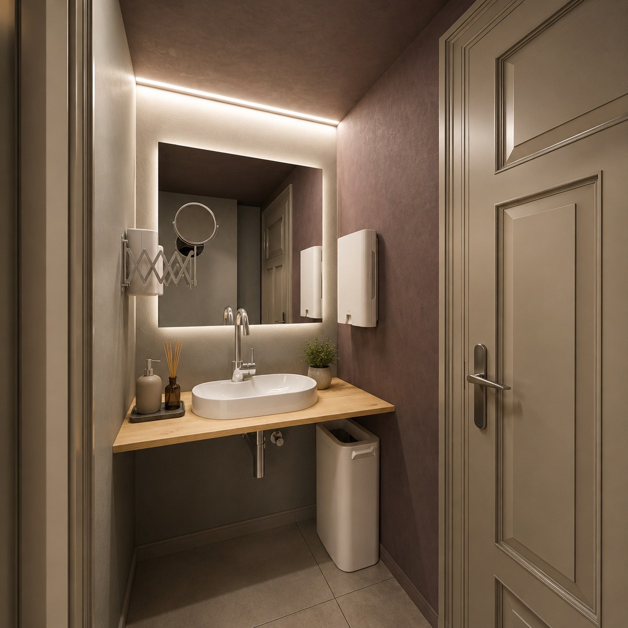 Washroom basin: warm-toned microcement walls, an oak counter, a countertop basin and a backlit mirror