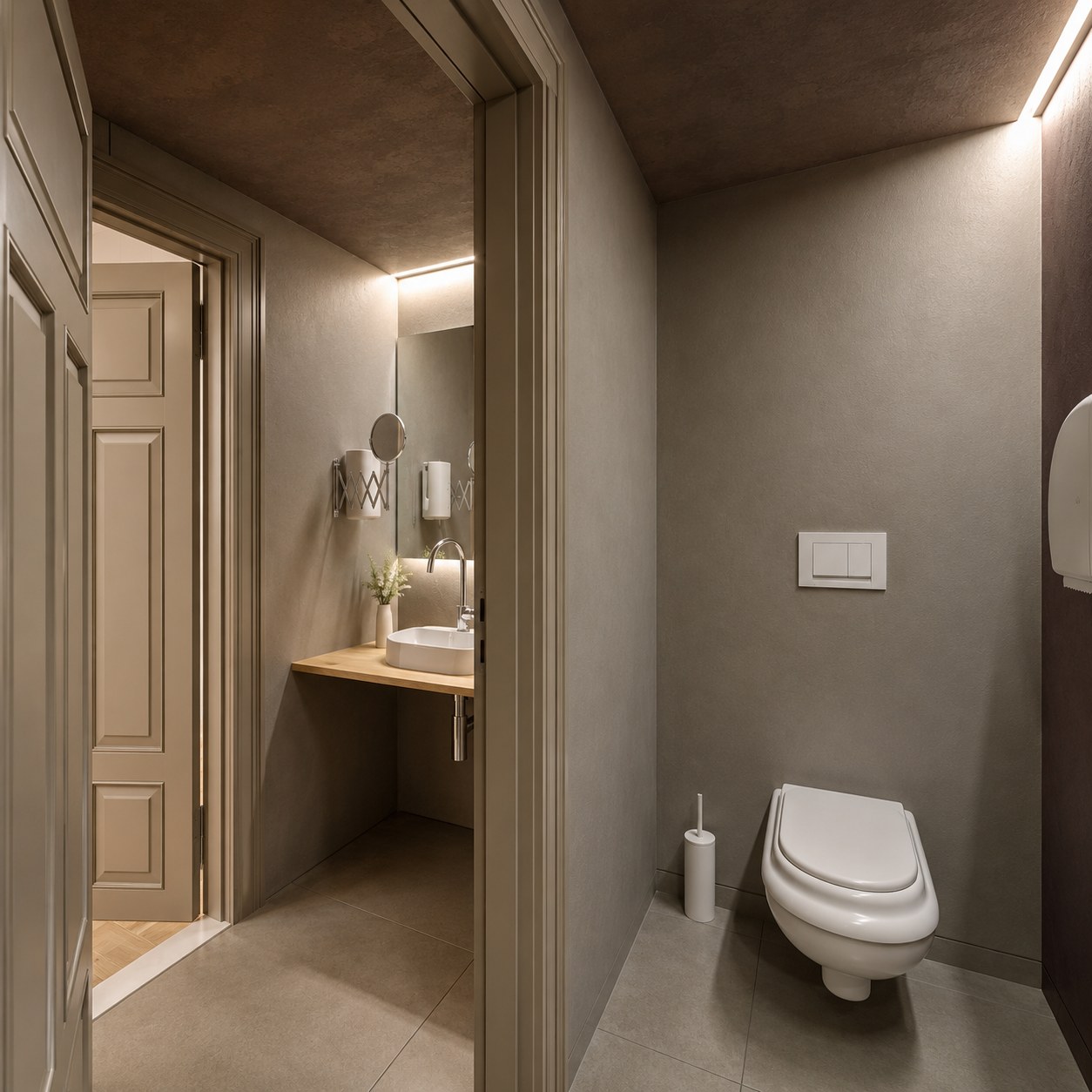 WC cubicle in microcement with pale doors and a concealed line of light running around the ceiling plane