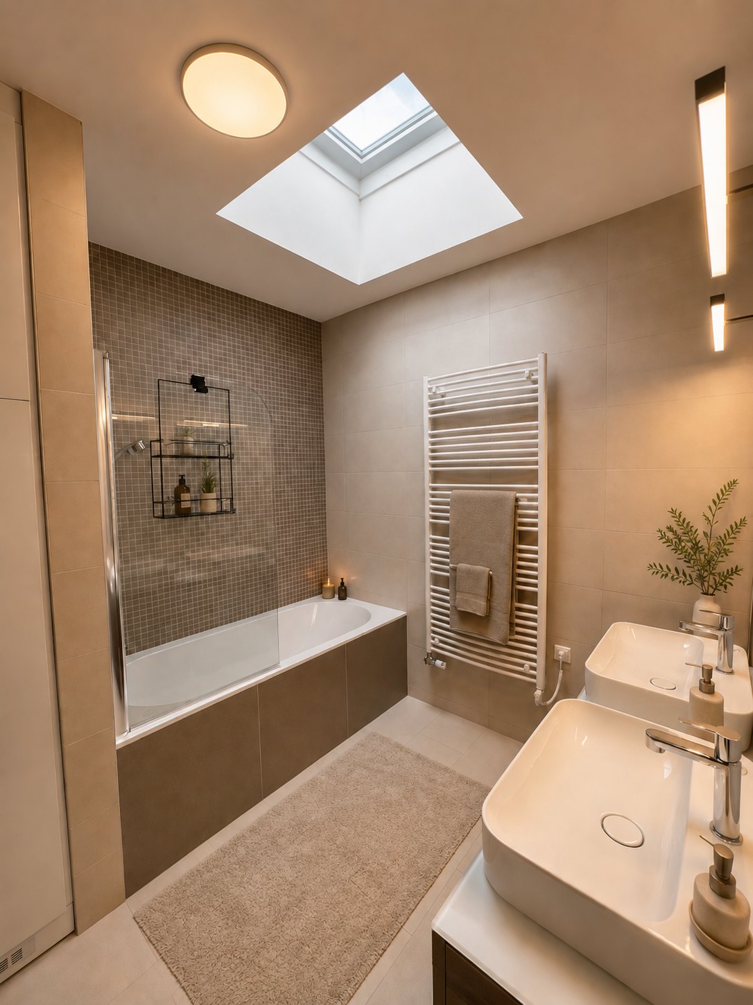 Bathroom with a rooflight, a bath and shower screen, mosaic tiling and two counter-top basins