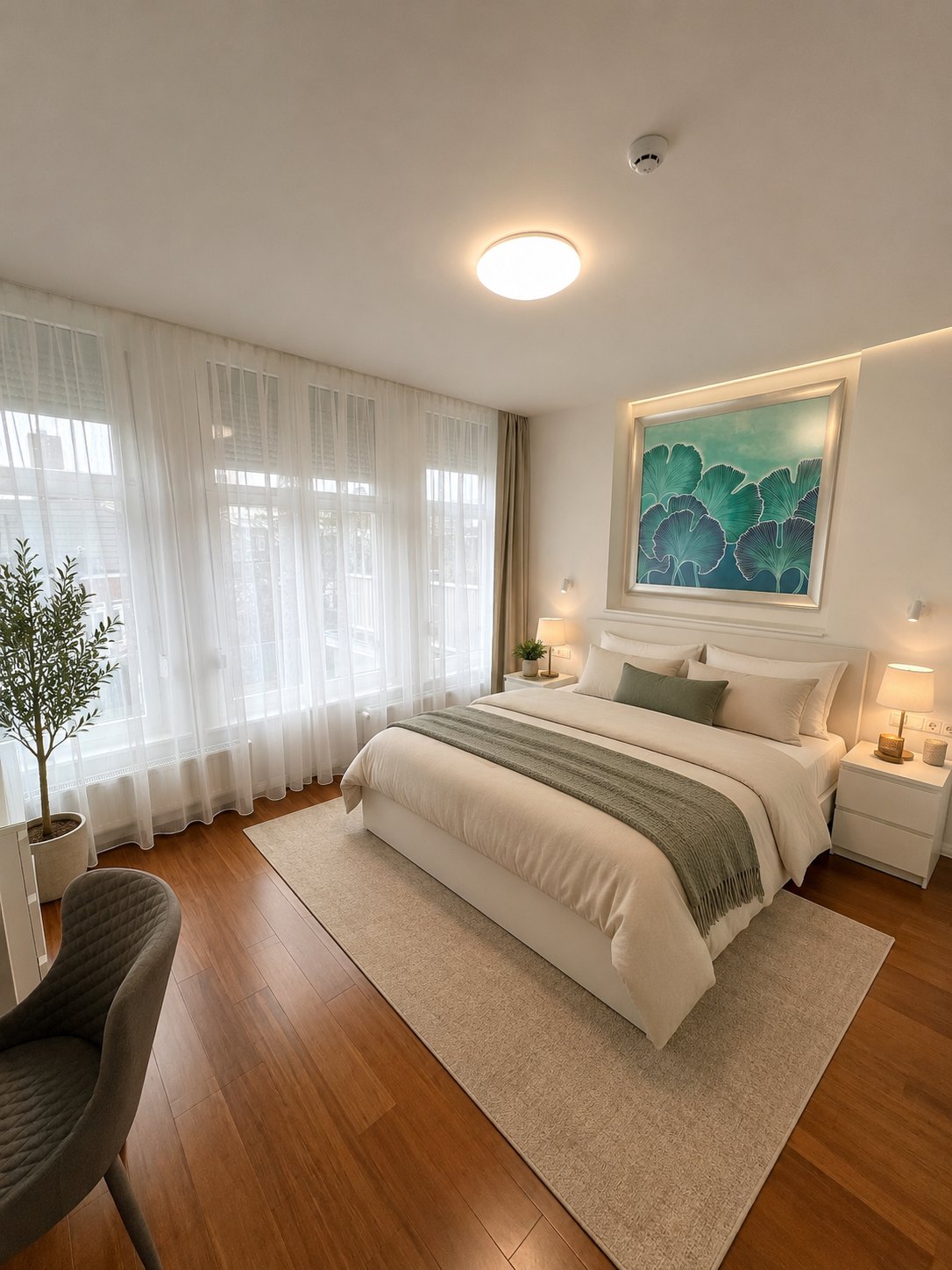 Bedroom with a green-and-blue ginkgo silk painting above the bed in a concealed-lit frame