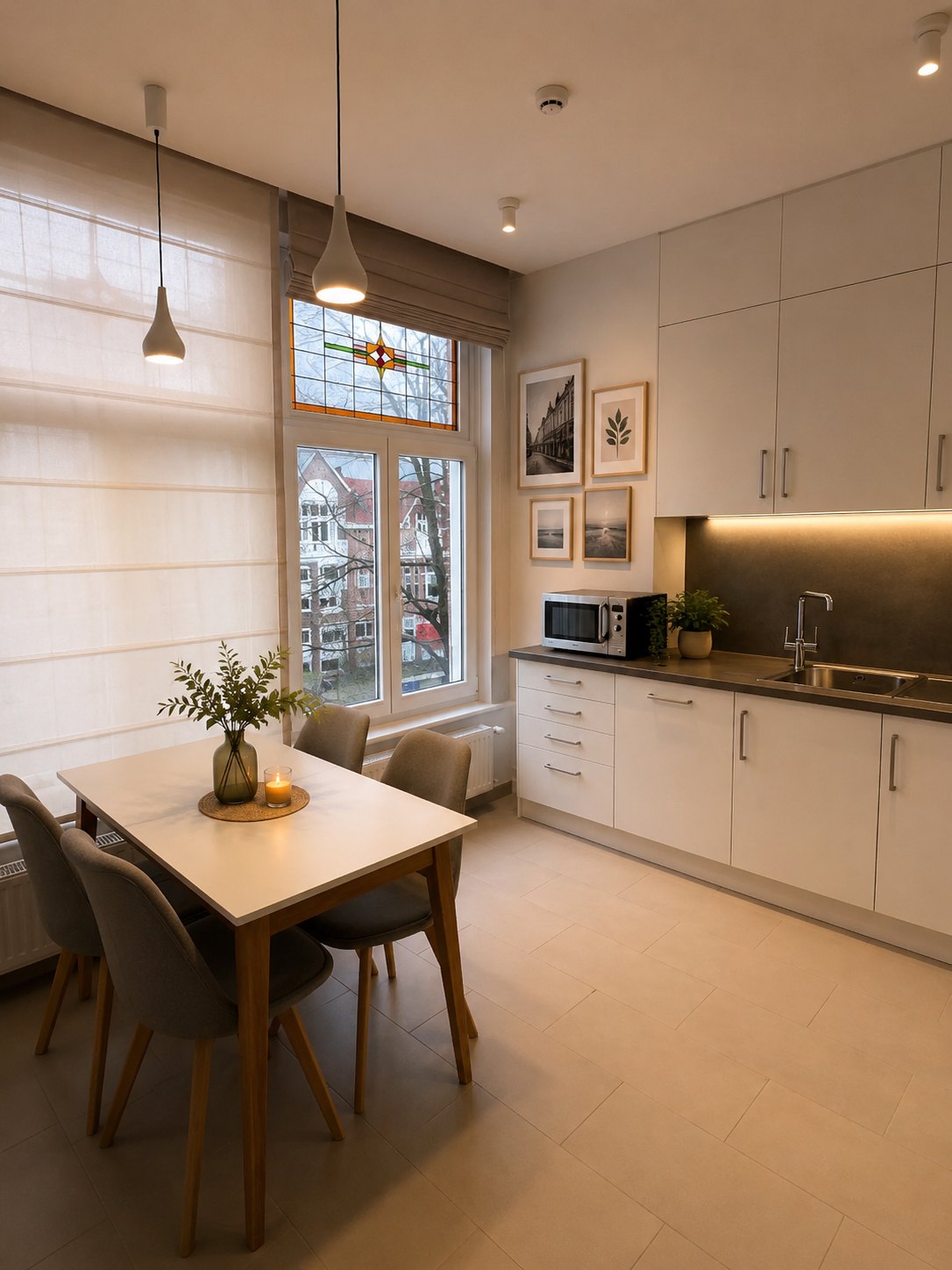 Kitchen with a stained-glass panel designed into the upper light of the window, a dining table and framed photographs below